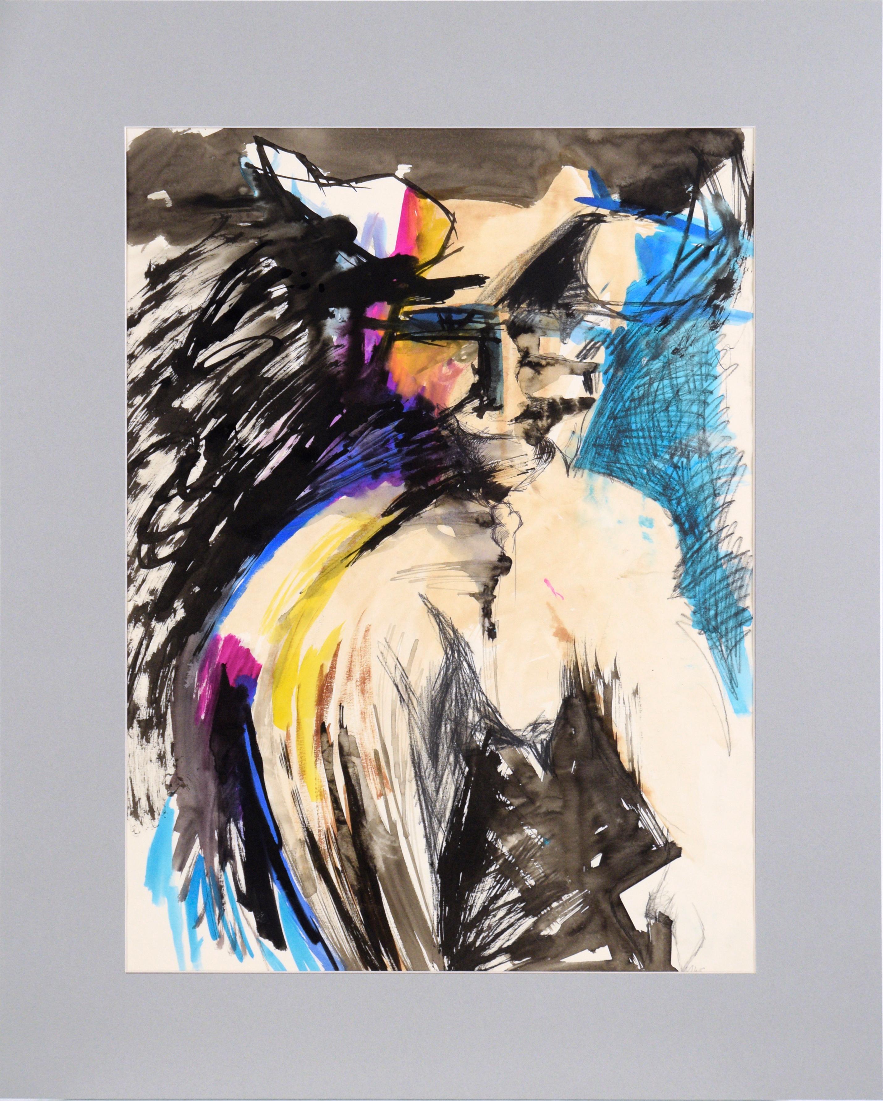Spirit with Horns - Composition figurative abstraite en acrylique sur papier