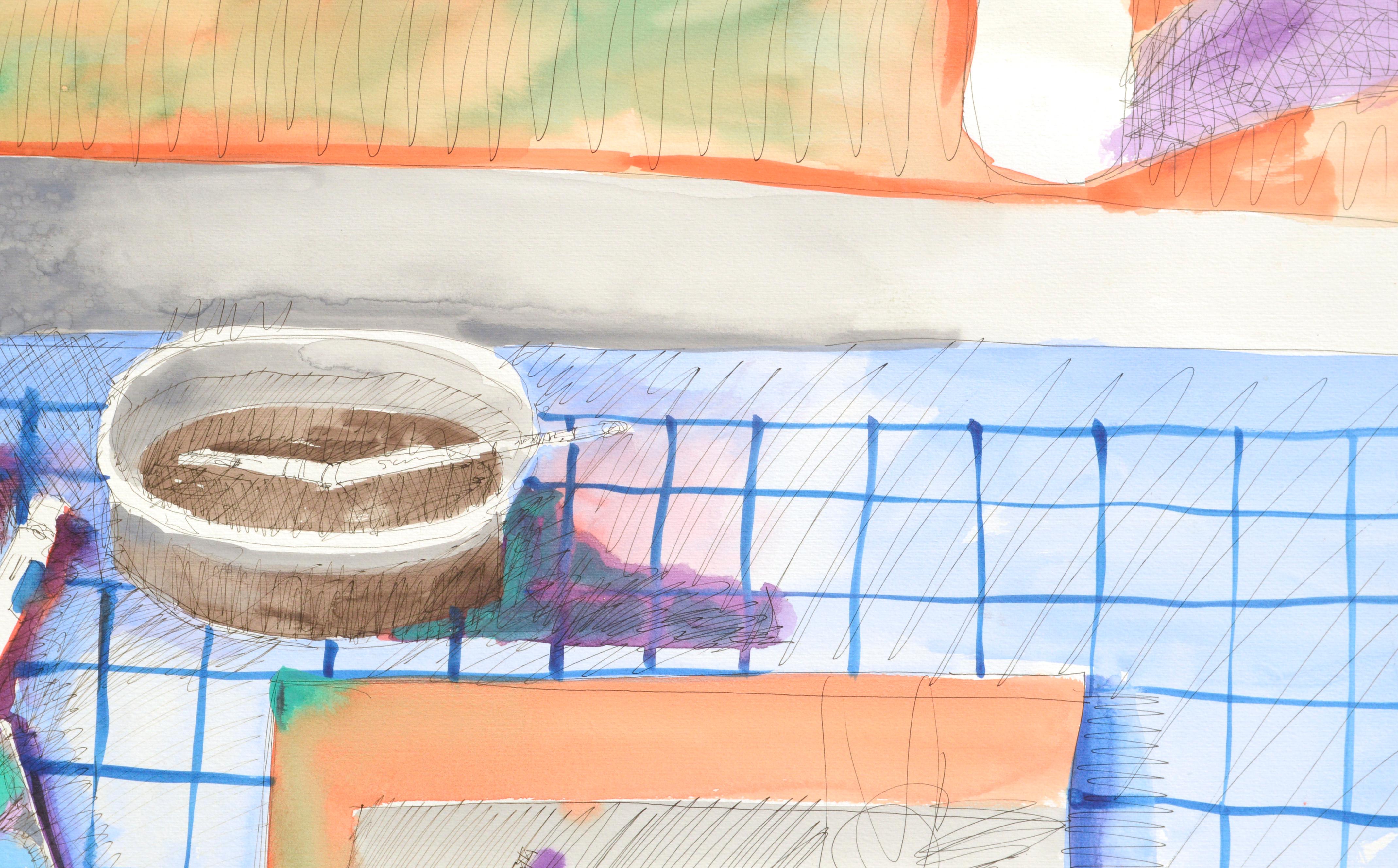 Lebhaftes Stillleben mit Farben, Tisch und Vorräten im Atelier des Künstlers von Michael William Eggleston (Amerikaner, 20. Jahrhundert). In der rechten unteren Ecke mit 
