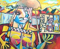 Woman With Air Guitar and Musicians - Figurative Abstract in Oil on Canvas