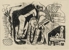 Lithographie abstraite avec animaux et personnages