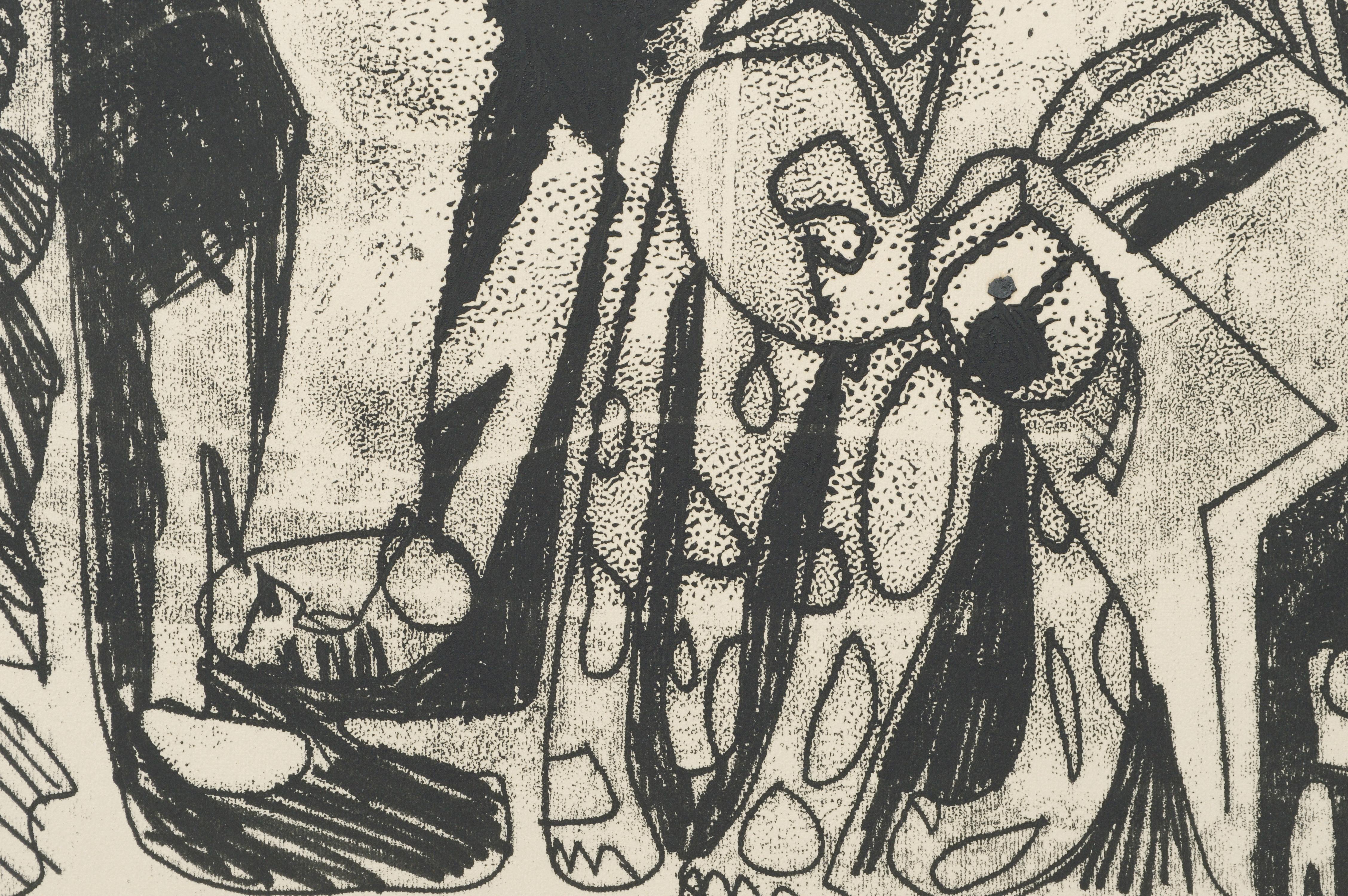 Abstrakte figurative Lithografie mit einem lebhaften Durcheinander von abstrahierten Tier- und Figurenformen von Michael William Eggleston (Amerikaner, 20. Jahrhundert). Betitelt (unleserlich), nummeriert (
