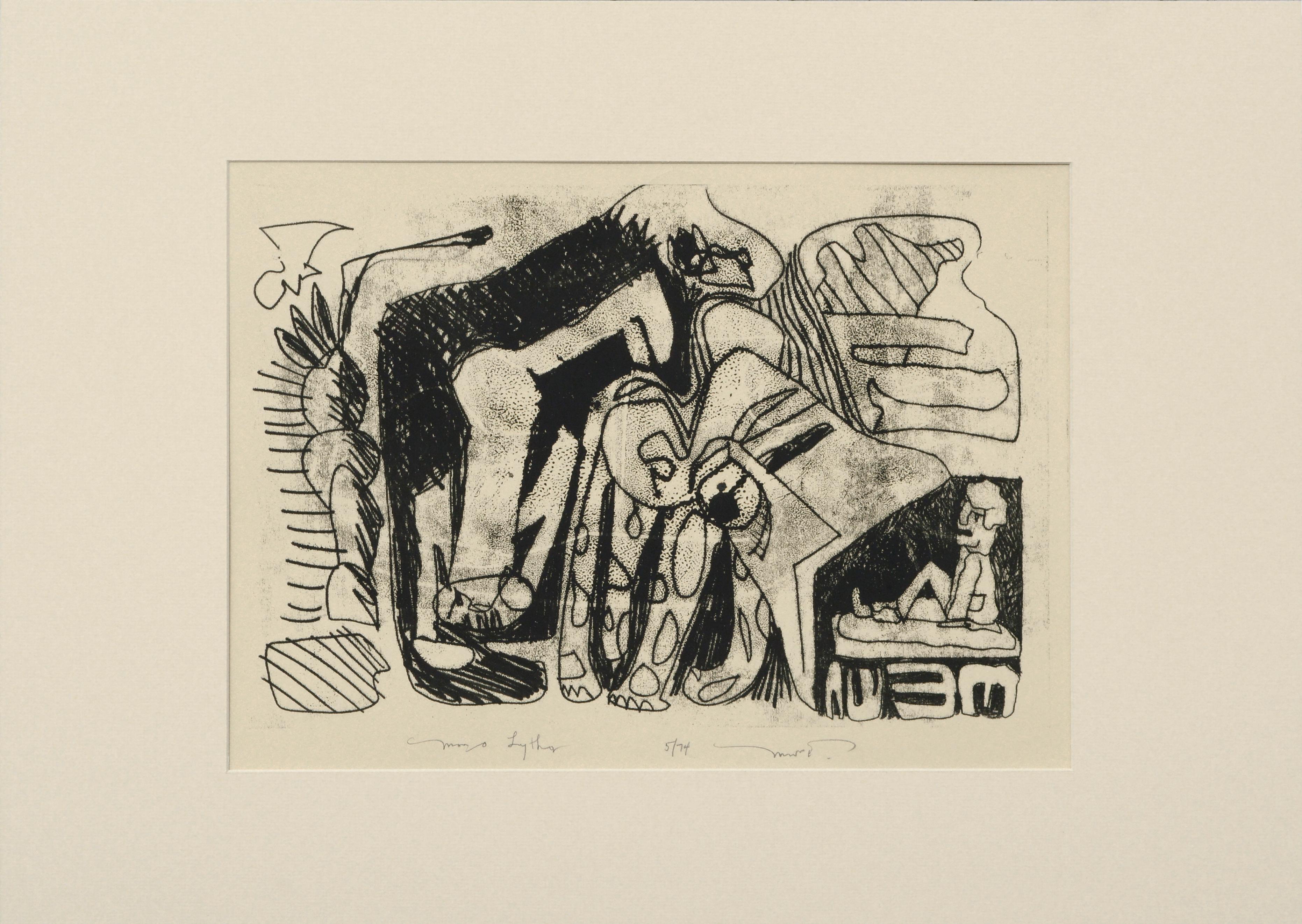 Abstract Lithograph with Animals and Figures 