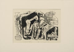 Abstract Lithograph with Animals and Figures 