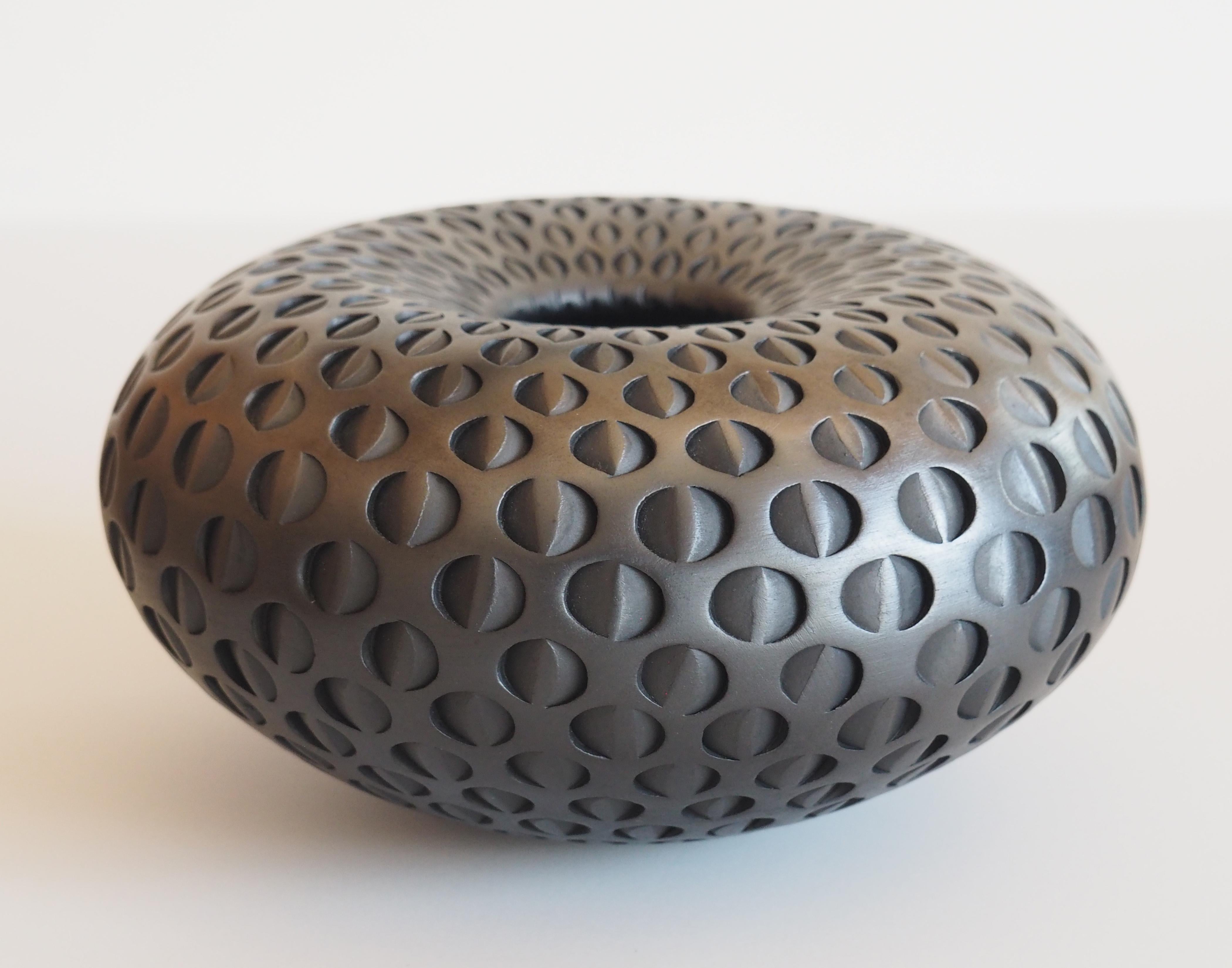 Imploded Medium Metallic (handmade, metallic black, pottery, patterned) - Sculpture by Michael Wisner