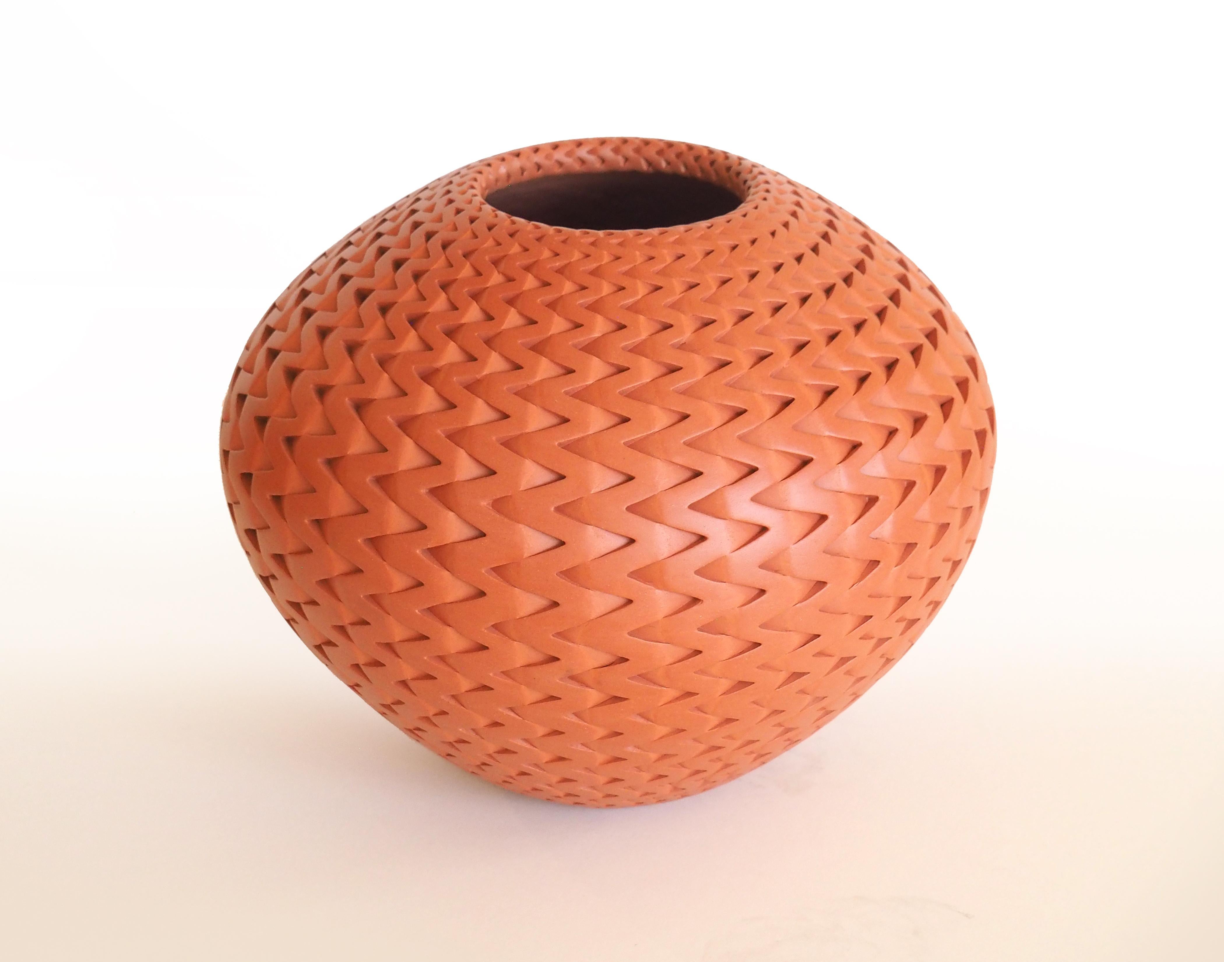 Red Zig Zag (handmade, red, pottery, patterned) - Sculpture by Michael Wisner