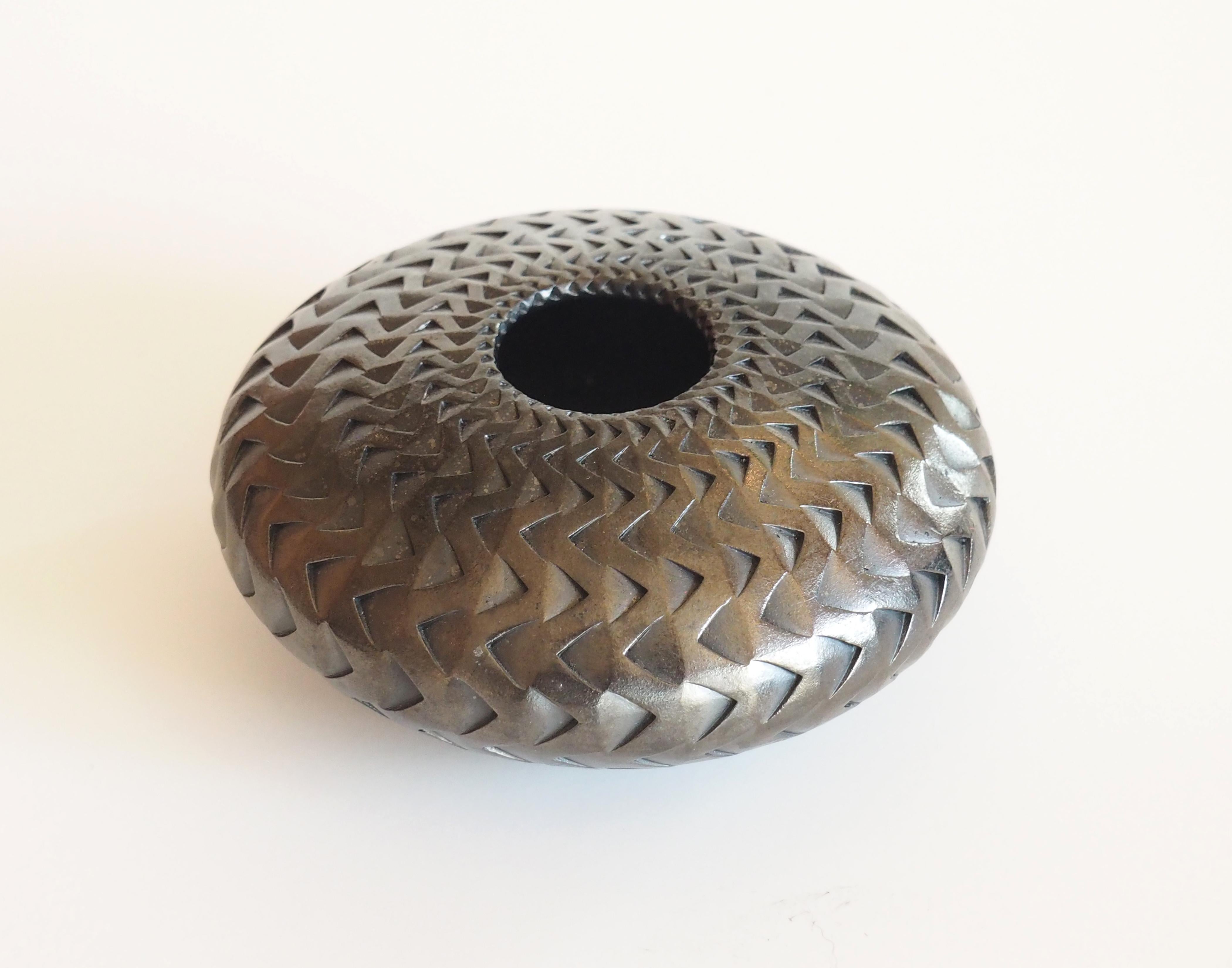 Small Metallic (handmade, metallic black, pottery, patterned) - Sculpture by Michael Wisner