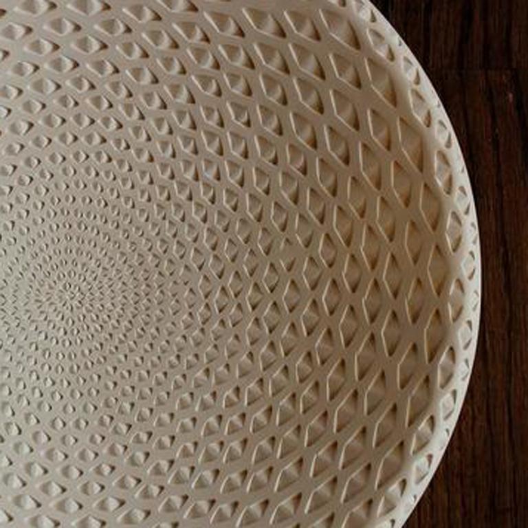 White Oval Bowl (handmade, white, pottery, patterned) - Contemporary Art by Michael Wisner