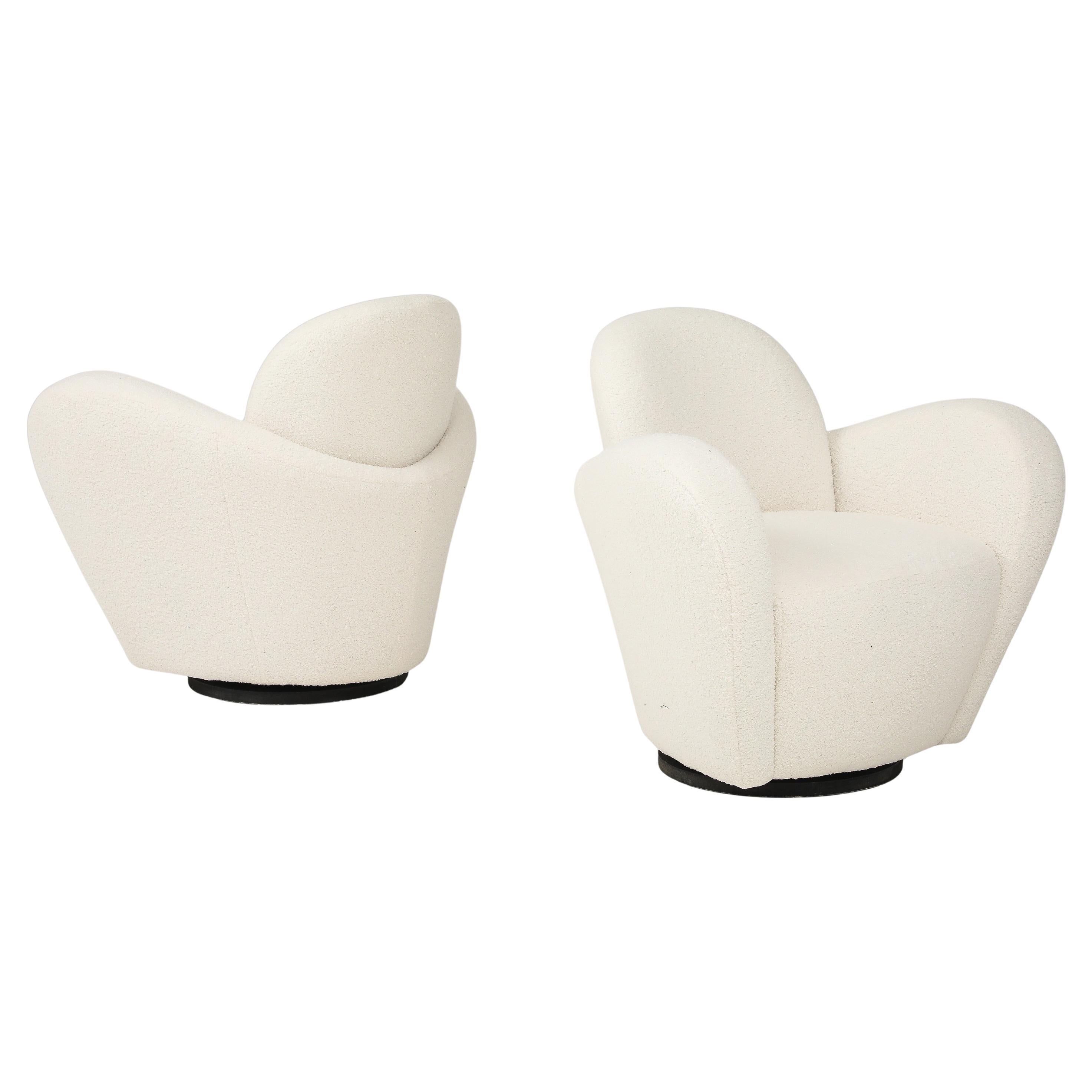 Michael Wolk for Directional Pair of Swivel Lounge Chairs in Ivory Bouclé 1970s