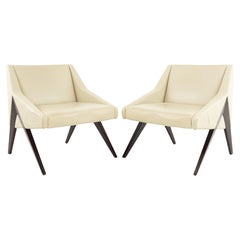 Michael Wolk Mid-Century Angled Form Vinyl Upholstered Lounge Chairs, Pair
