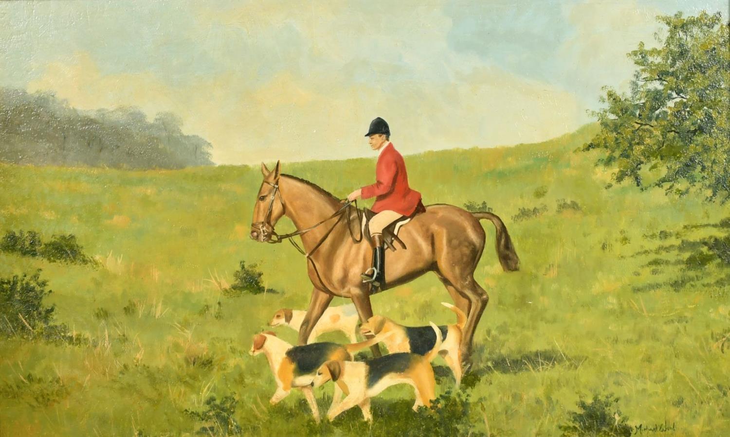 Michael Wood Animal Painting - Huntsman on Horseback with Hounds, Fine British Sporting Art Oil Painting