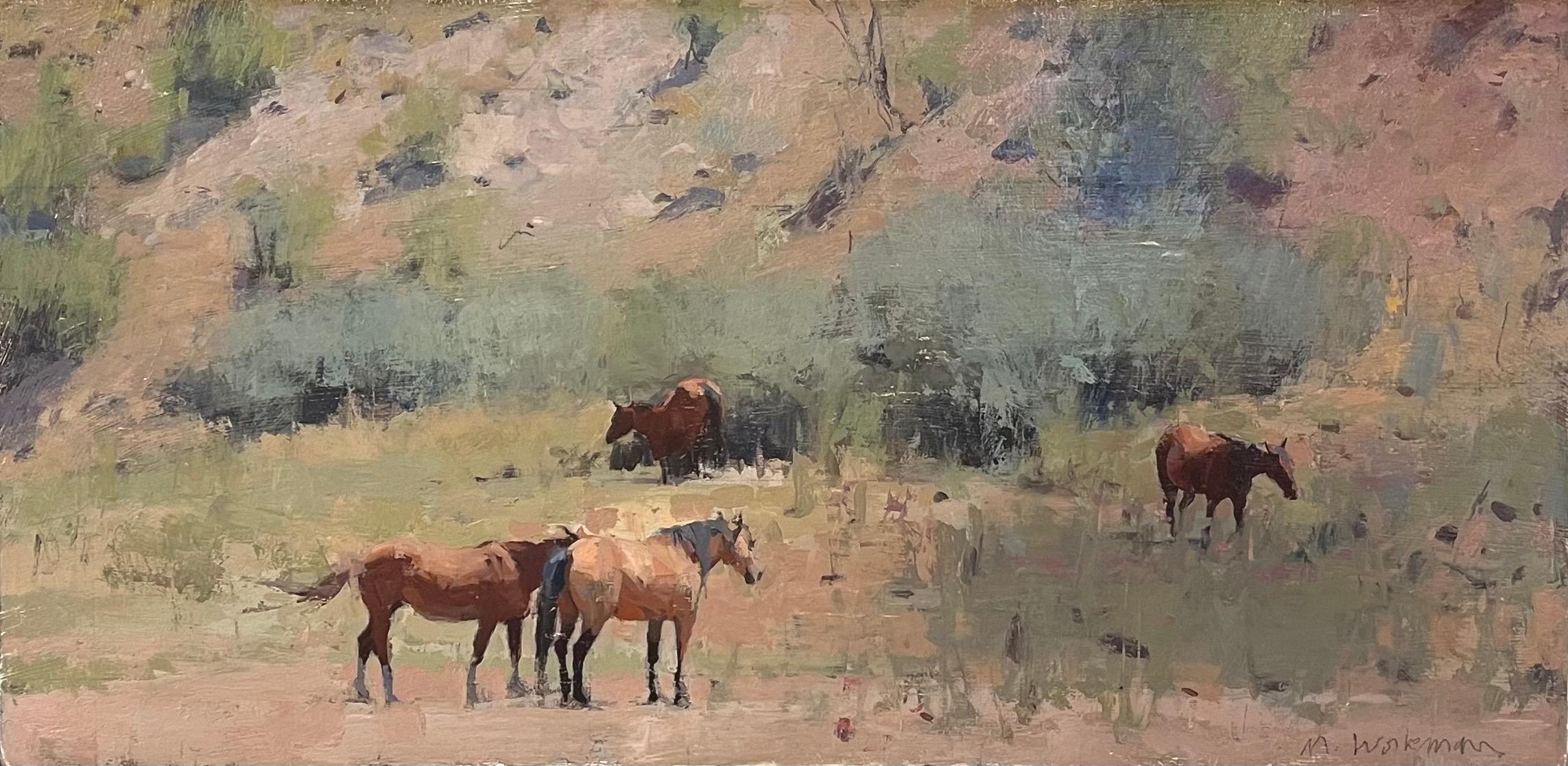 Michael Workman Landscape Painting - Four Summer Horses, Oil Painting