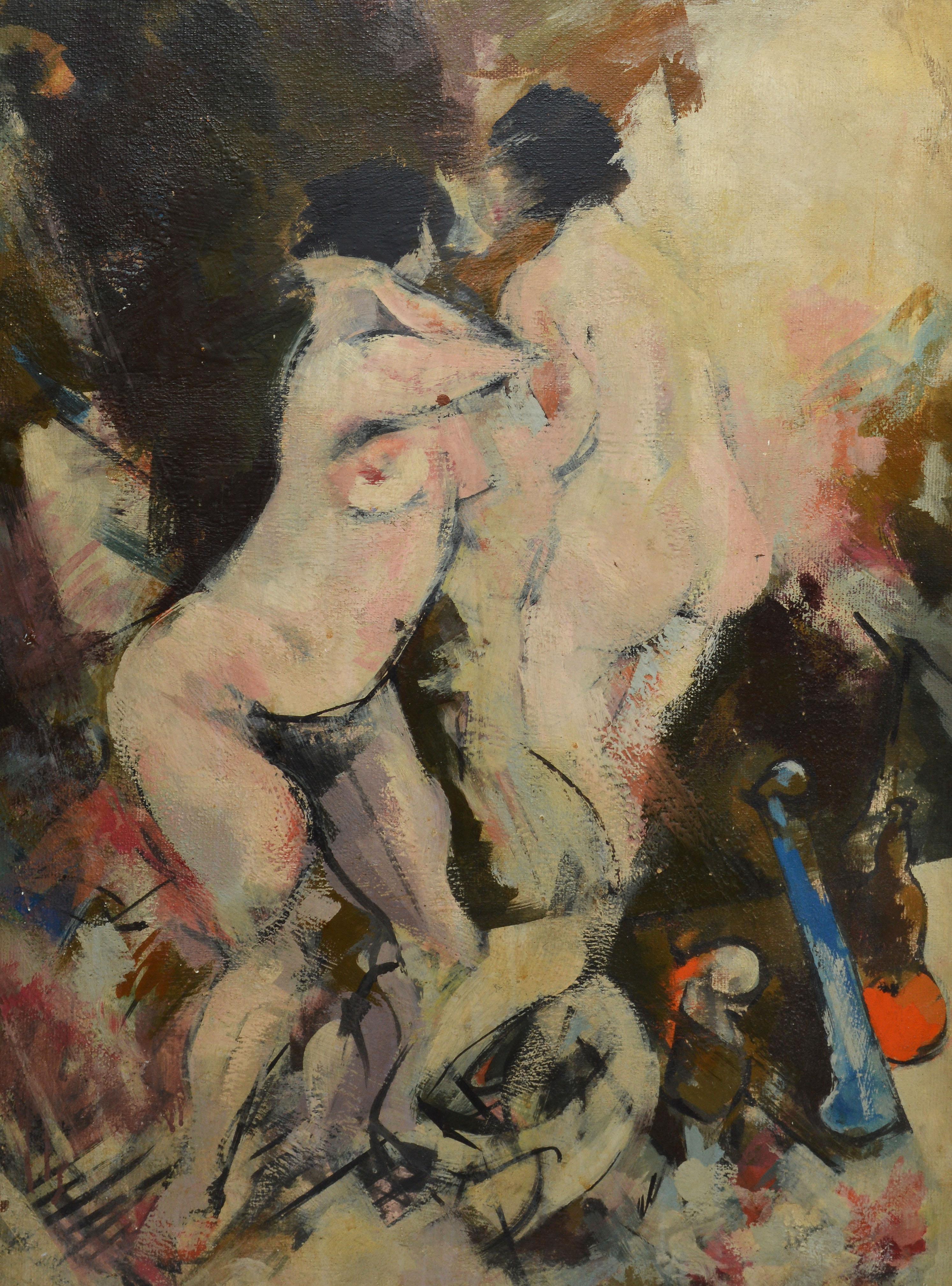 Modernist abstracted view of two nude women by Michael Wright  (born 1931).  Oil on board, circa 1960.  Signed lower right.  Displayed in a modernist wood frame.  Image size, 21