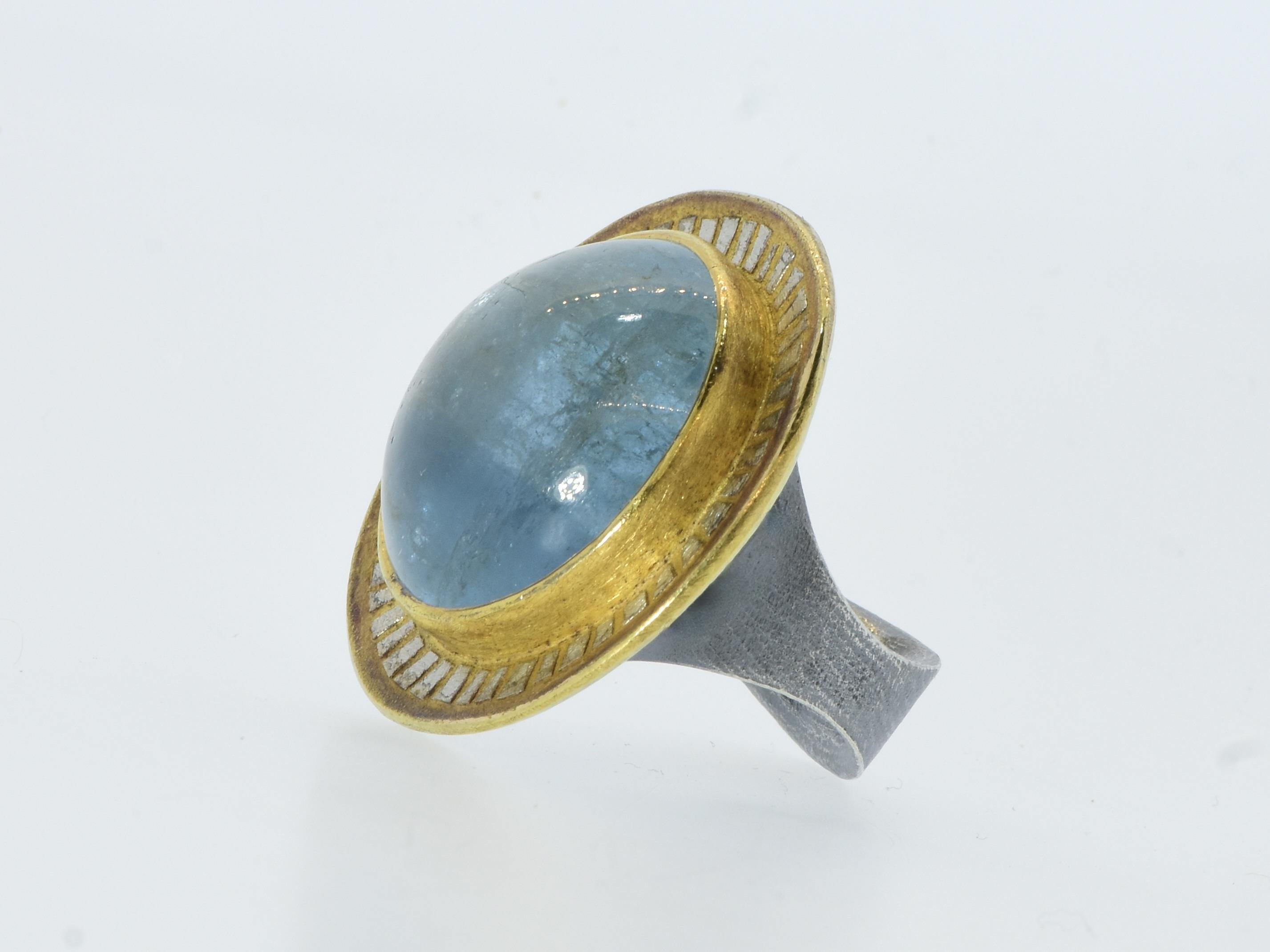Michael Zobel 47 ct Natural Aquamarine, 18K Gold & Oxidized Sterling Silver Ring For Sale 4