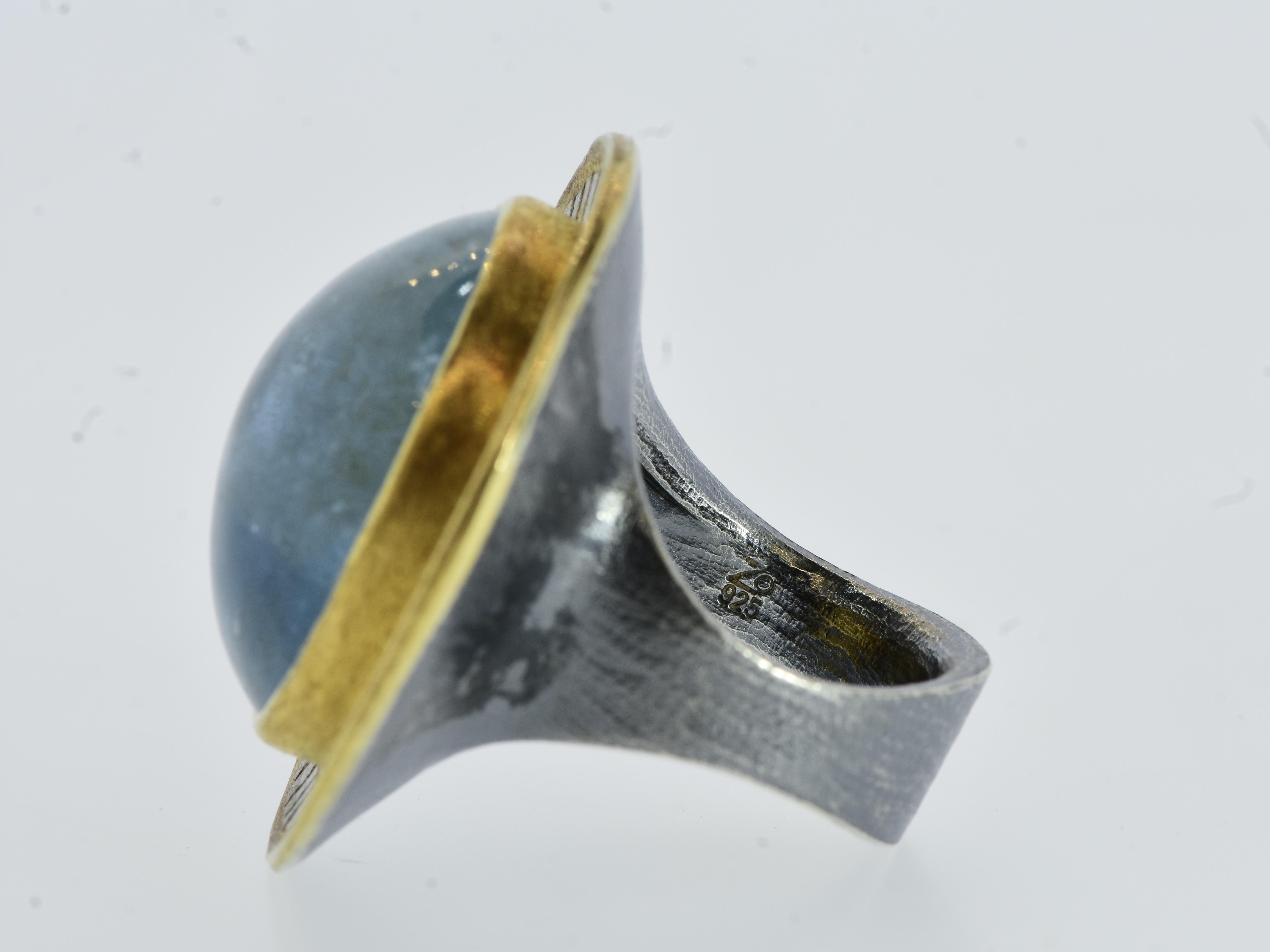 Michael Zobel 47 ct Natural Aquamarine, 18K Gold & Oxidized Sterling Silver Ring For Sale 6
