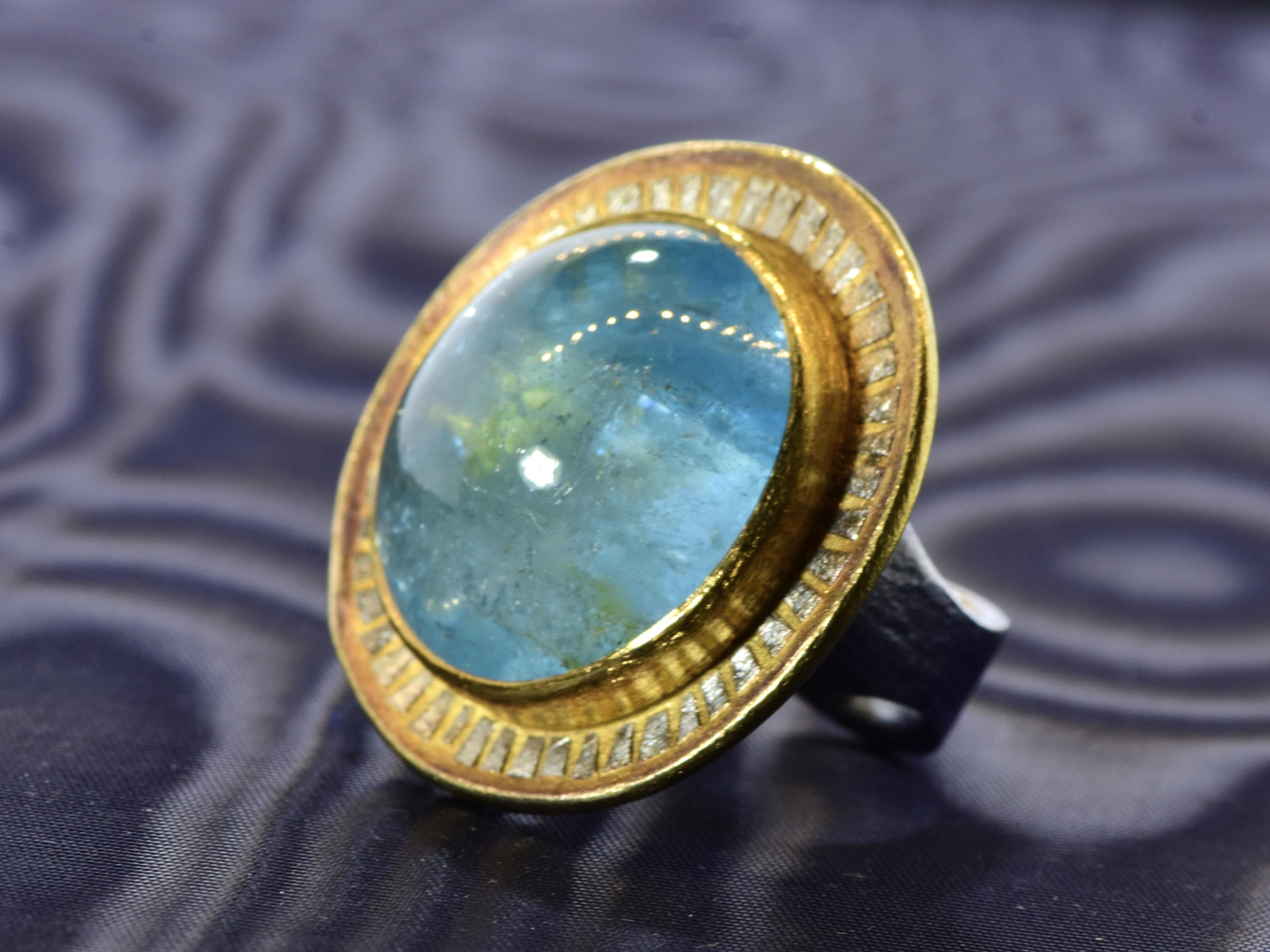 Michael Zobel 47 ct Natural Aquamarine, 18K Gold & Oxidized Sterling Silver Ring For Sale 7
