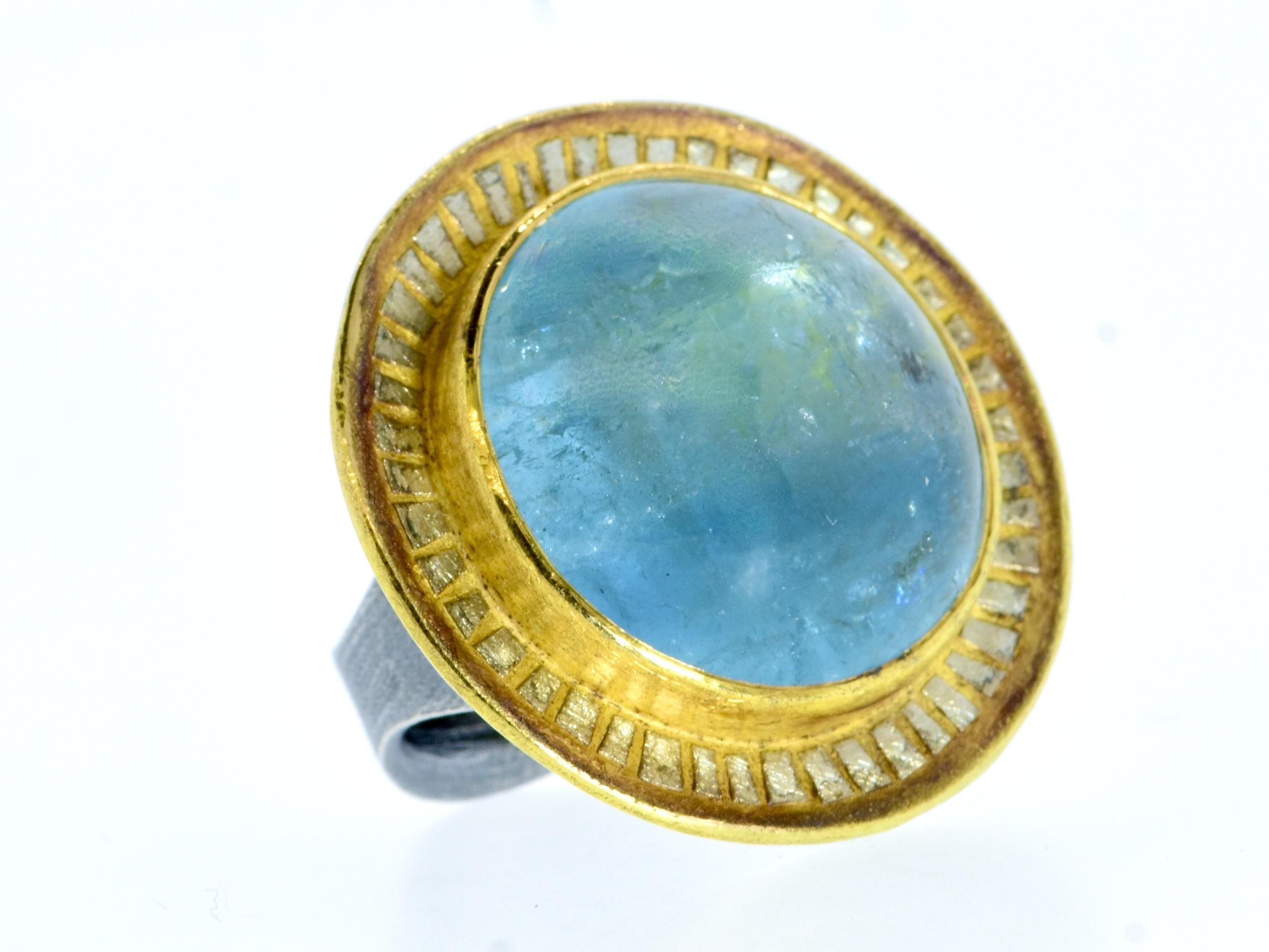 Michael Zobel 47 ct Natural Aquamarine, 18K Gold & Oxidized Sterling Silver Ring For Sale 11