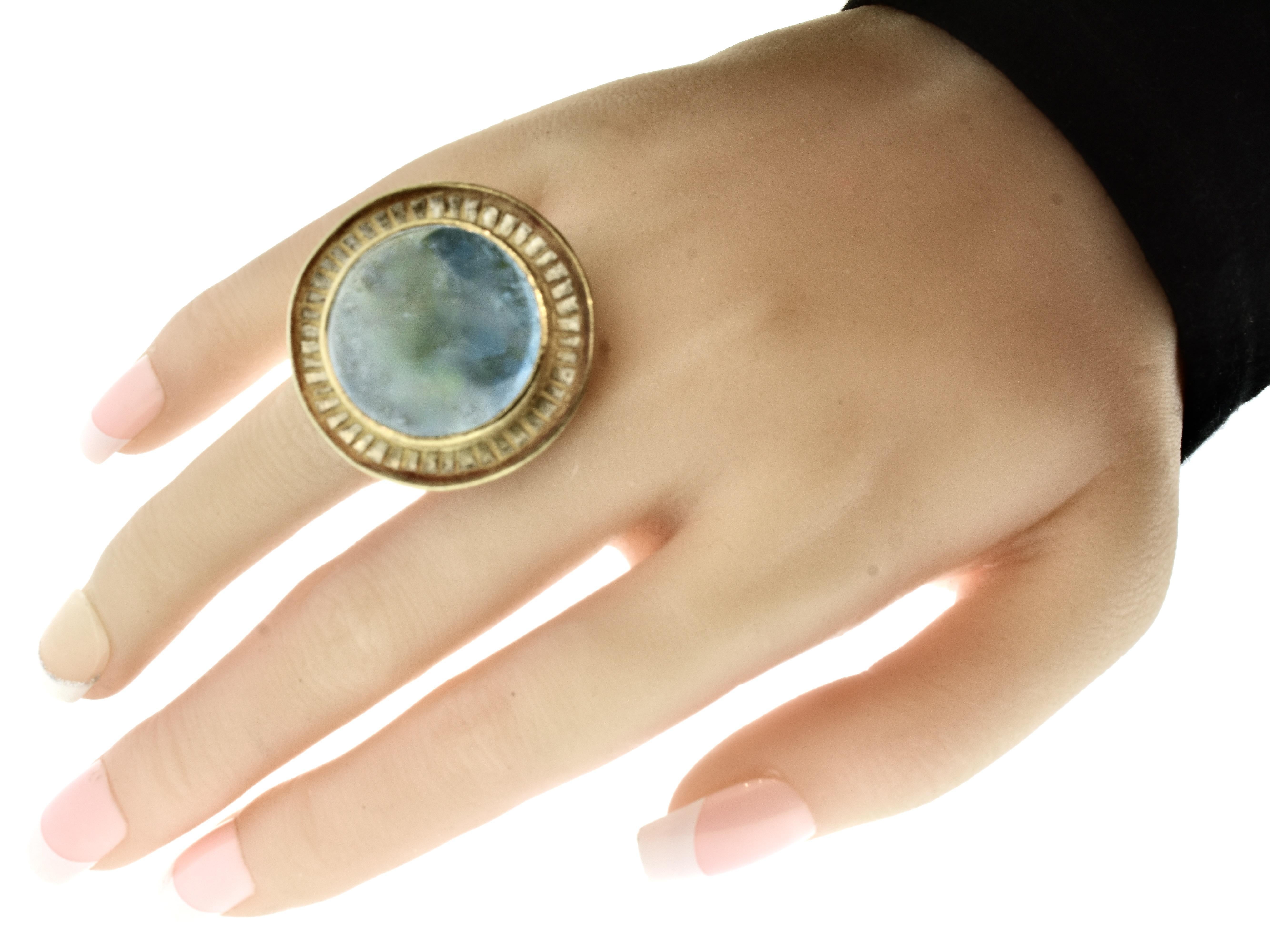 Cabochon Michael Zobel 47 ct Natural Aquamarine, 18K Gold & Oxidized Sterling Silver Ring For Sale