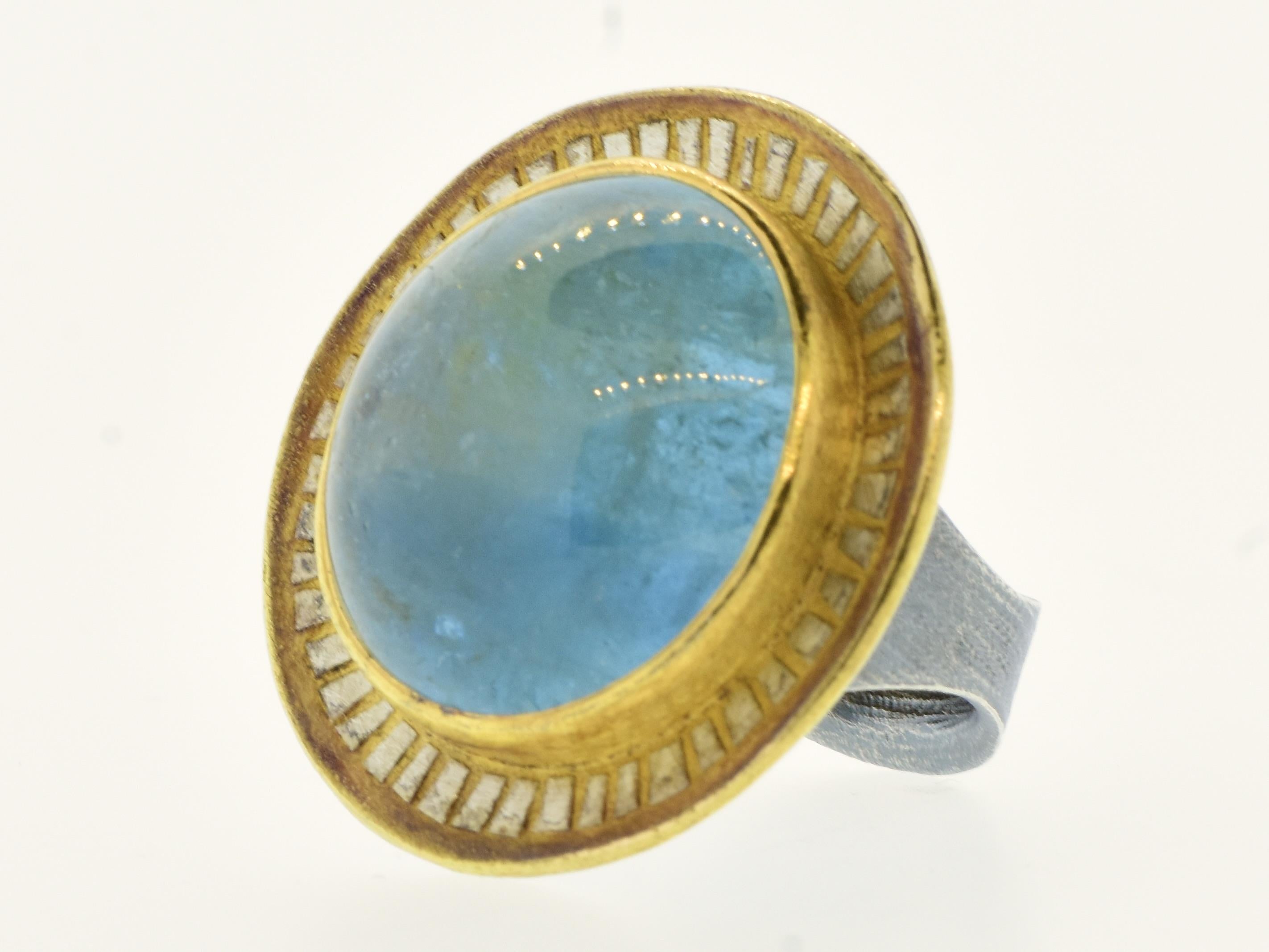 Michael Zobel 47 ct Natural Aquamarine, 18K Gold & Oxidized Sterling Silver Ring In Excellent Condition For Sale In Aspen, CO