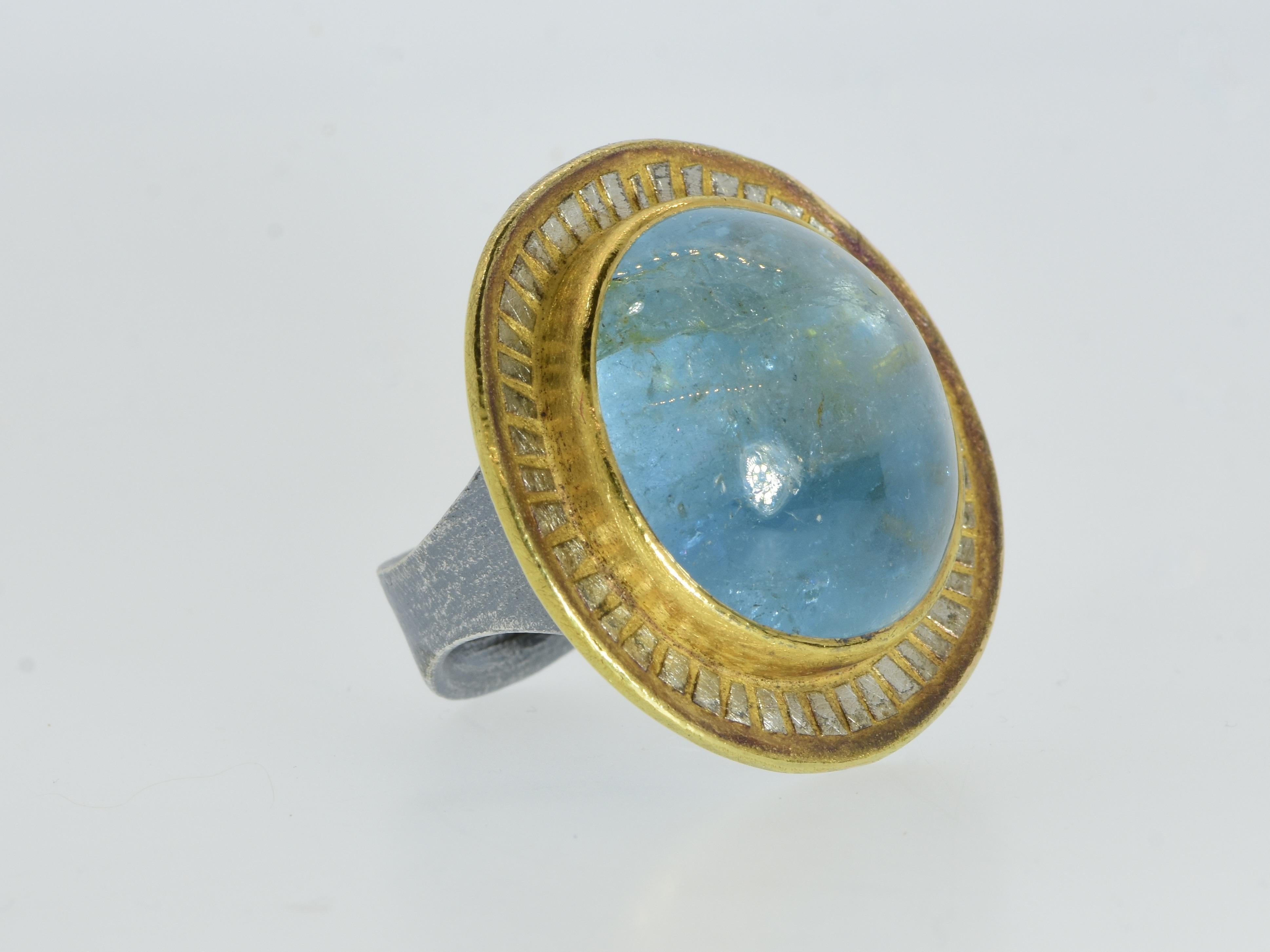 Michael Zobel 47 ct Natural Aquamarine, 18K Gold & Oxidized Sterling Silver Ring For Sale 3