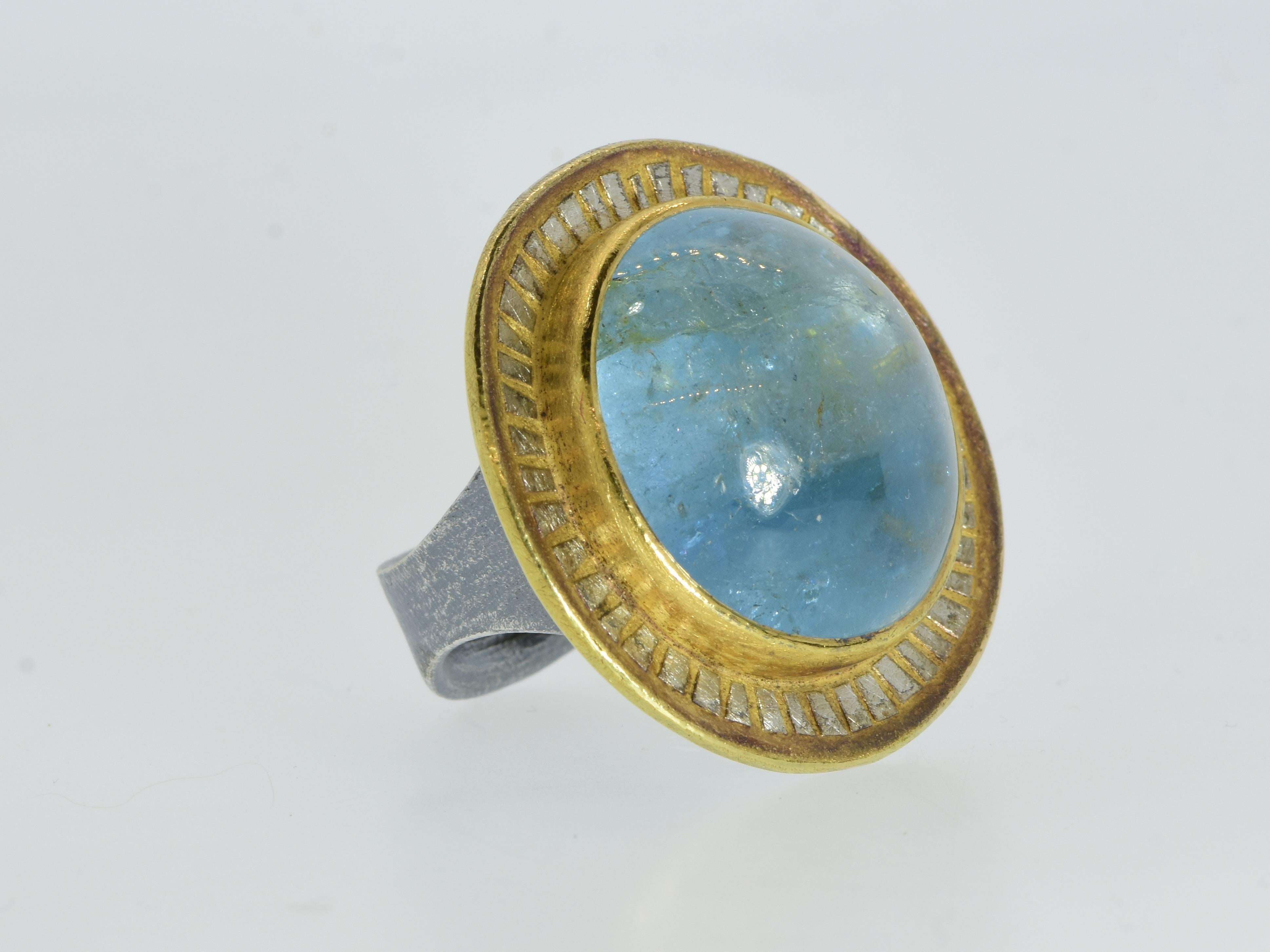 Women's or Men's Michael Zobel 47 ct Natural Aquamarine, 22K Gold & Oxidized Sterling Silver Ring For Sale