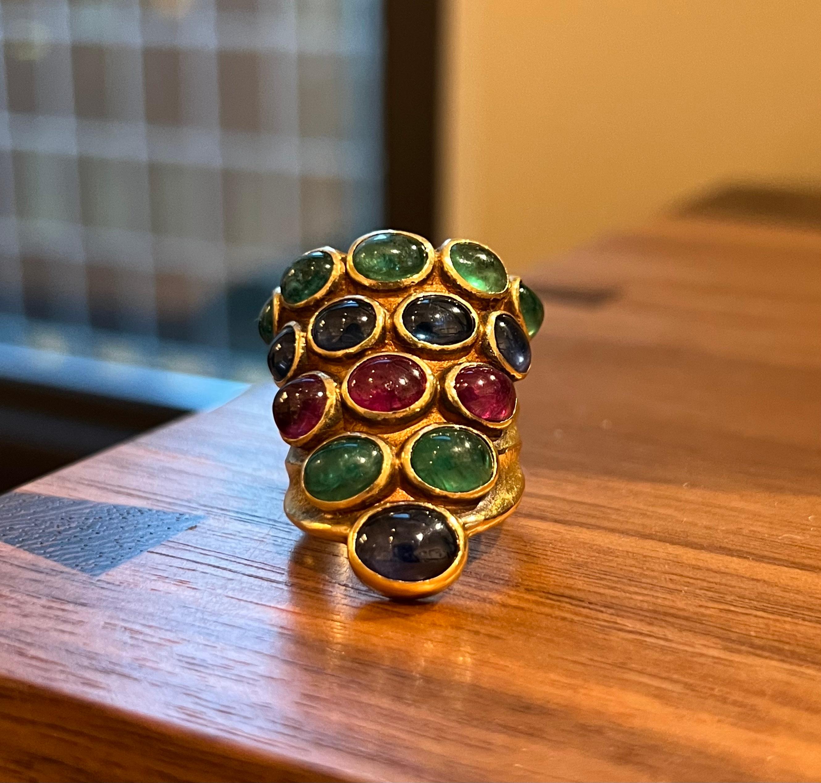 Modernist Vintage Michael Zobel Cabochon Ruby, Sapphire, Emerald and Gold Ring, c. 1996 For Sale