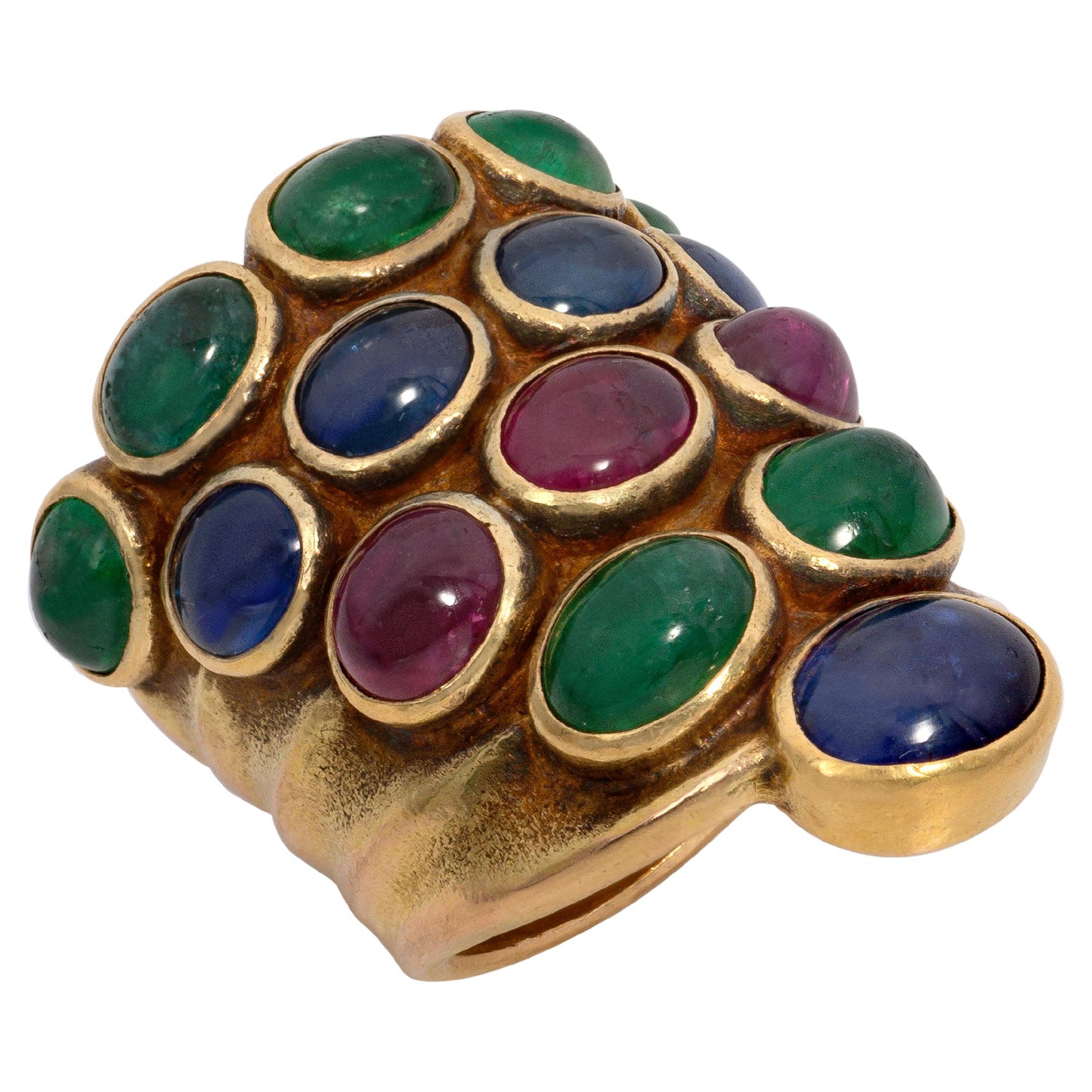 Vintage Michael Zobel Cabochon Ruby, Sapphire, Emerald and Gold Ring, c. 1996 For Sale