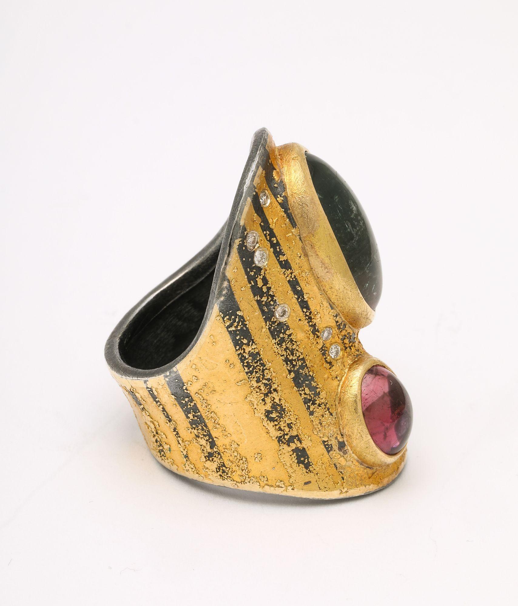 Cabochon Michael Zobel, Gold, Silver and Platinum, Tourmaline, Amethyst and Diamond Ring