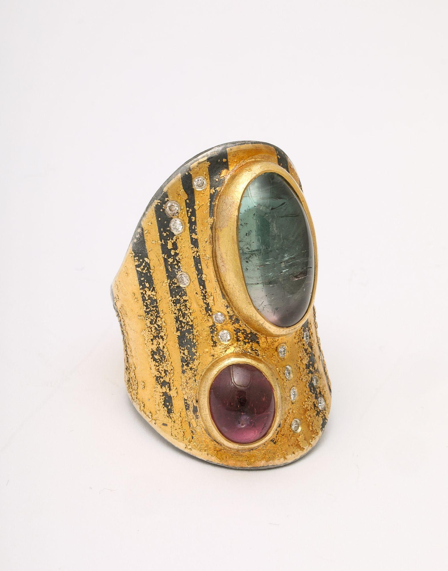 Michael Zobel, Gold, Silver and Platinum, Tourmaline, Amethyst and Diamond Ring In Good Condition In New York, NY