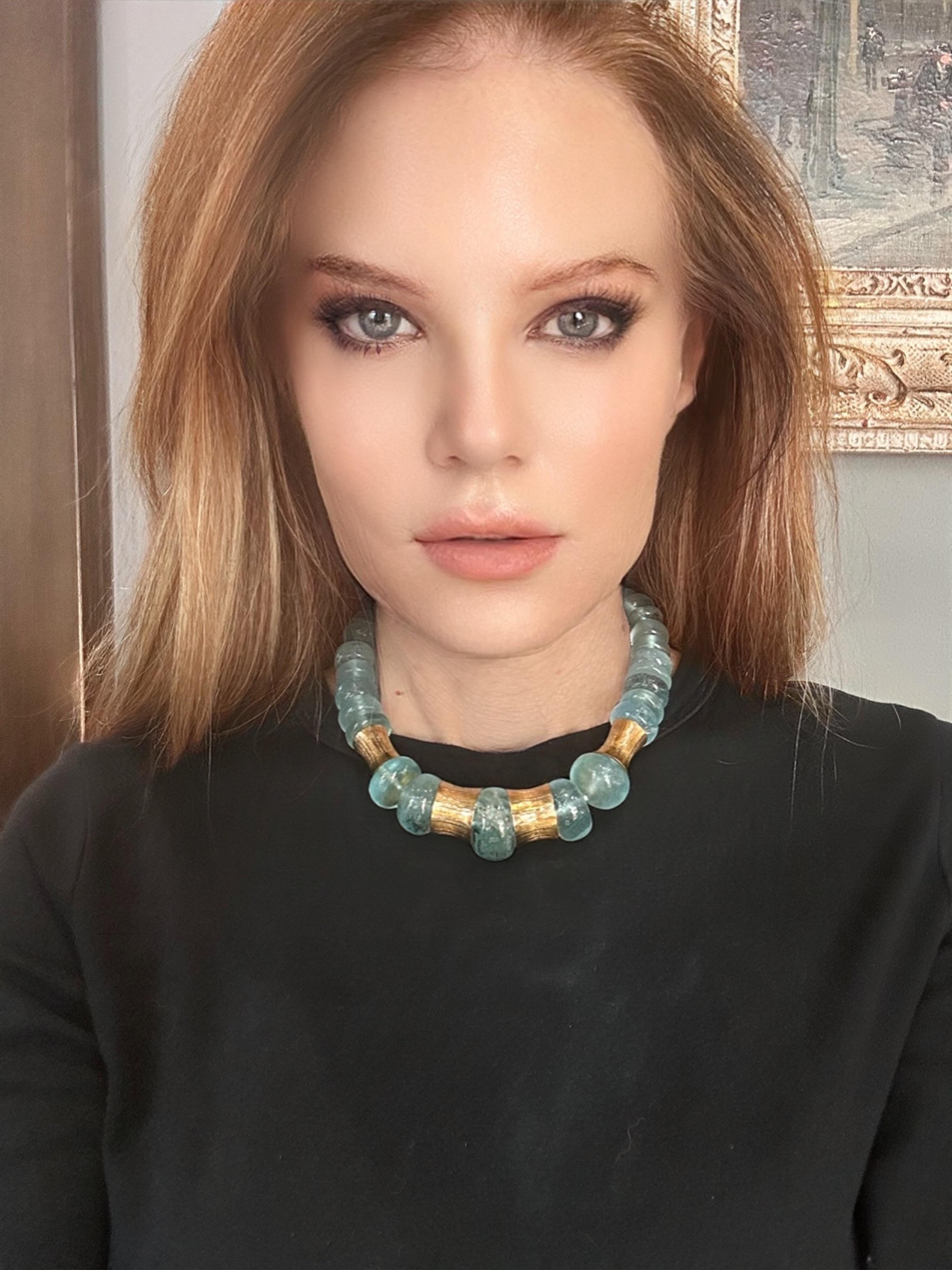 Michael Zobel Aquamarine necklace accented with large 18K gold and silver elements finished with a matching invisible clasp. The clasp is signed Zobel, 1995. It also bears Zobel's number.   On the male portion of the clasp is the mark 750 for 18K. 