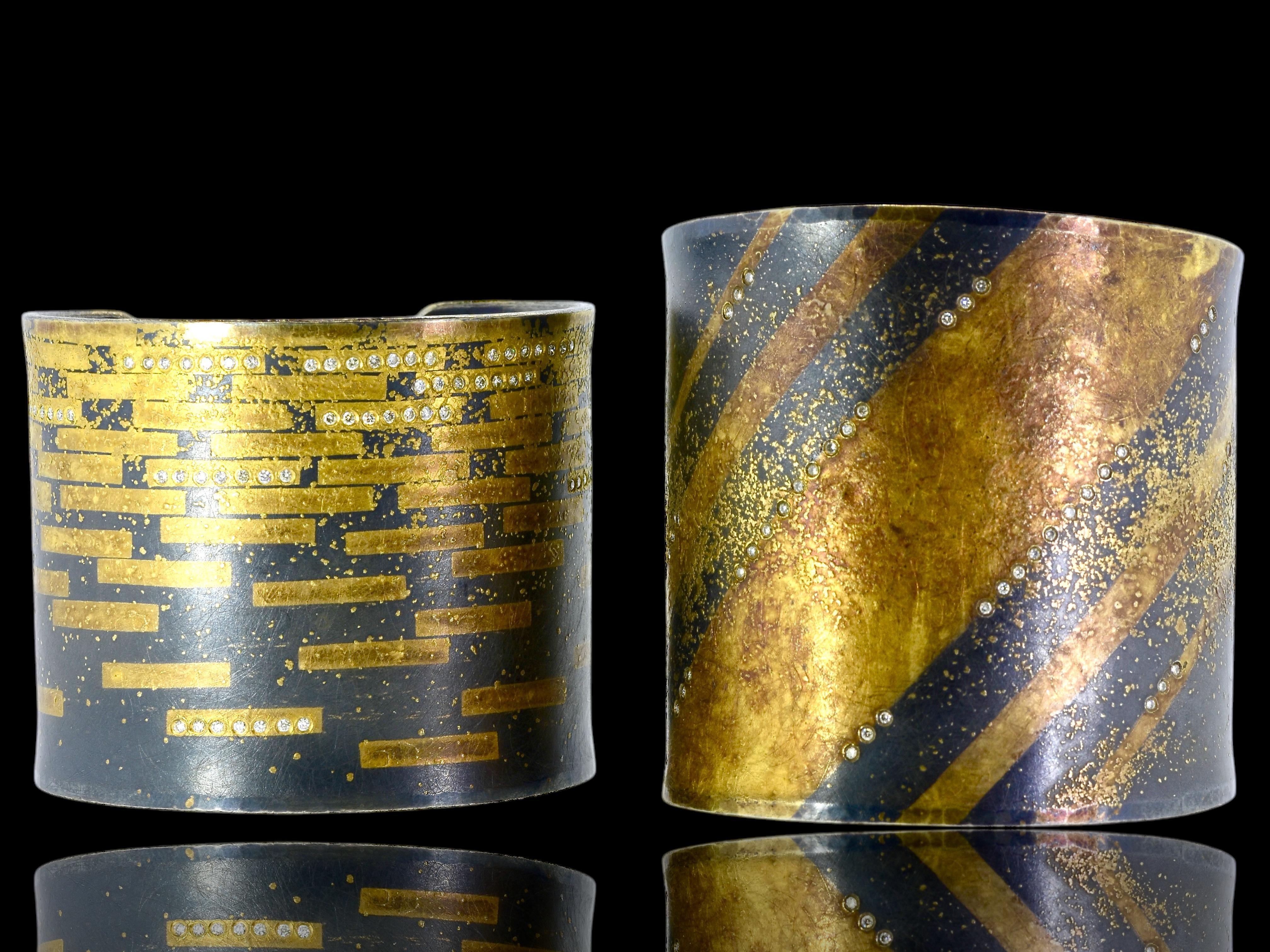 Michael Zobel Large Cuff Bracelet in Sterling with Gold and Diamonds, c. 2007 For Sale 2