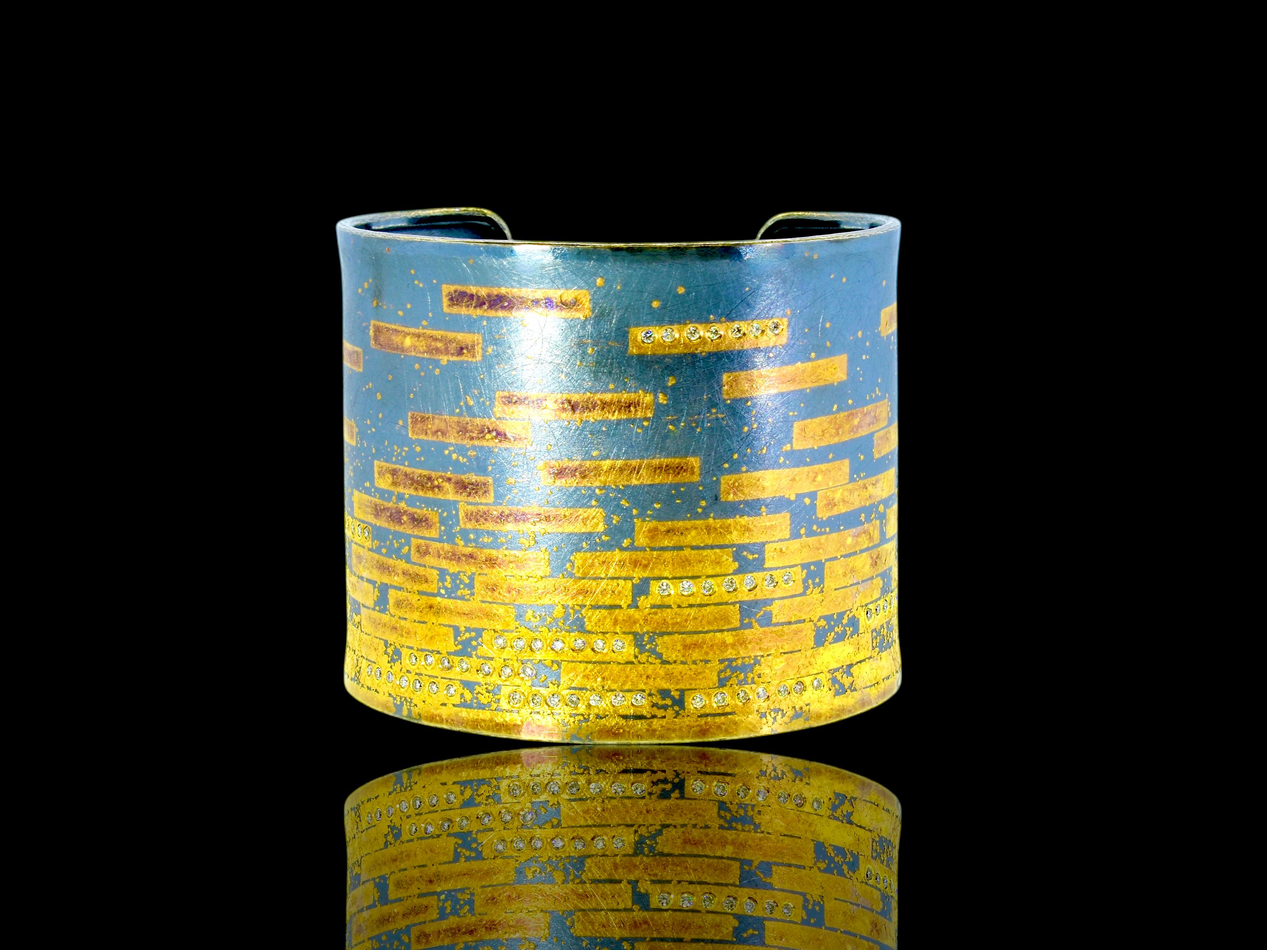 Michael Zobel Large Cuff Bracelet in Sterling with Gold and Diamonds, c. 2007 For Sale 3