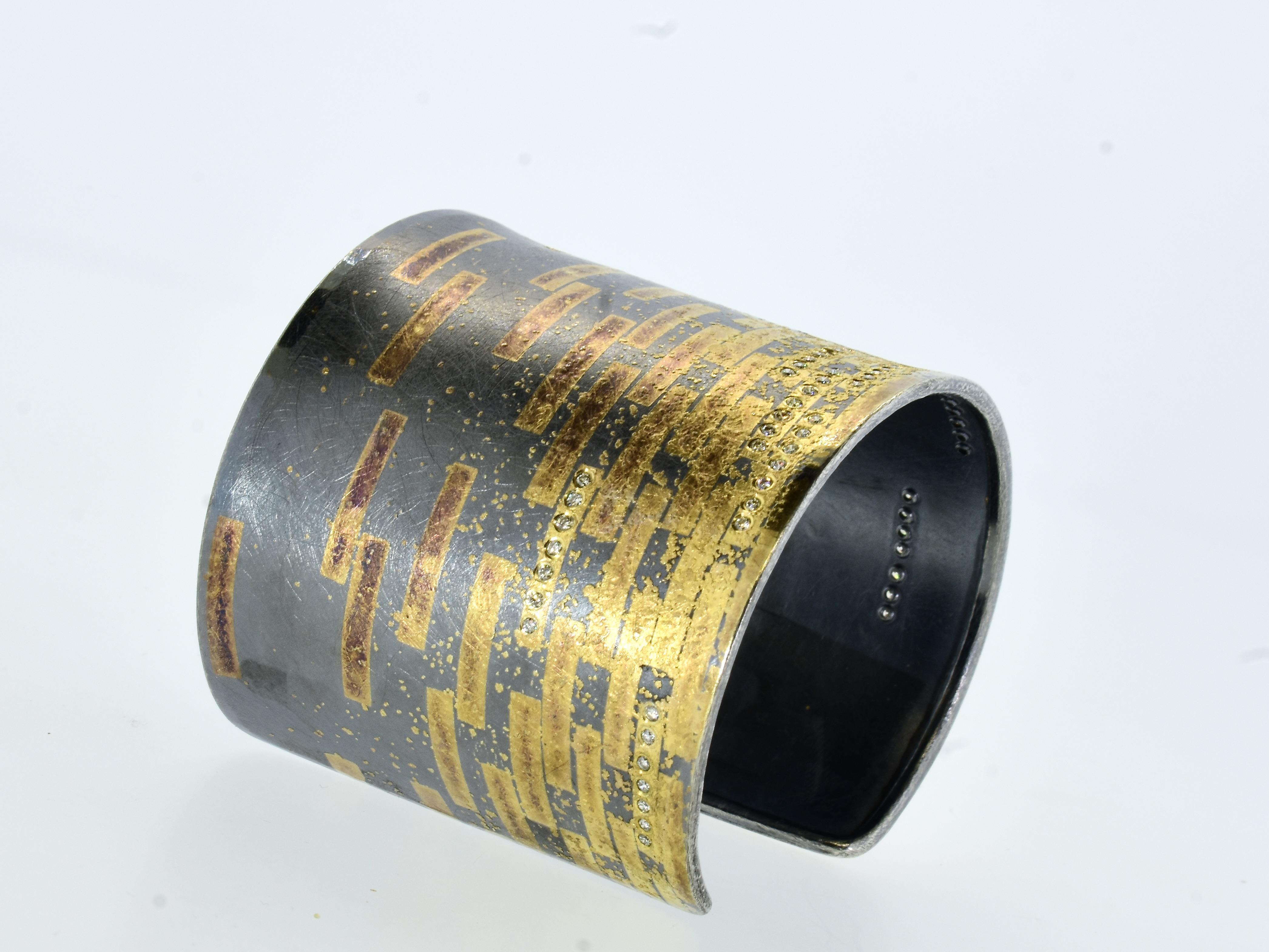 Modernist Michael Zobel Large Cuff Bracelet in Sterling with Gold and Diamonds, c. 2007 For Sale