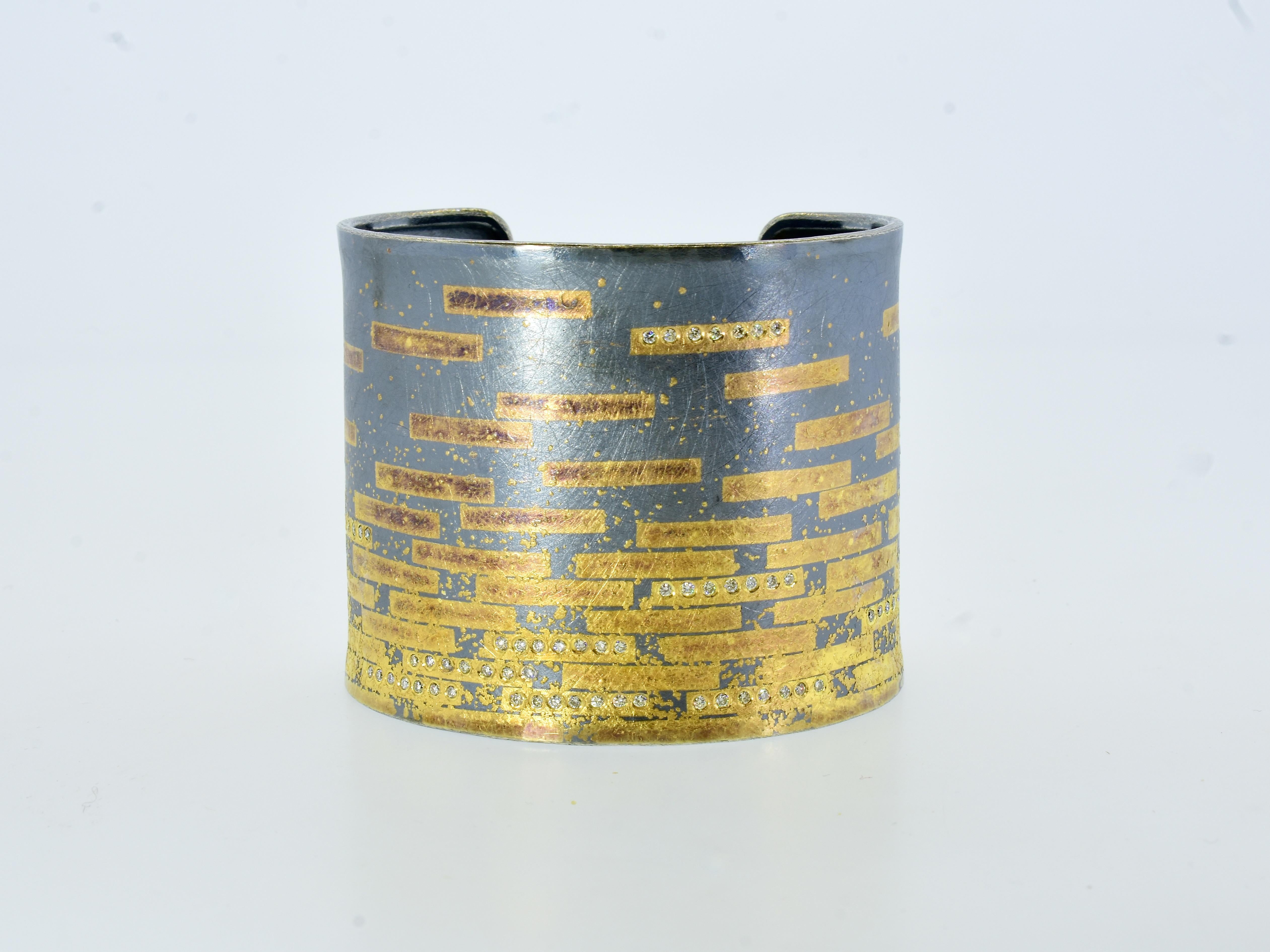 Brilliant Cut Michael Zobel Large Cuff Bracelet in Sterling with Gold and Diamonds, c. 2007 For Sale