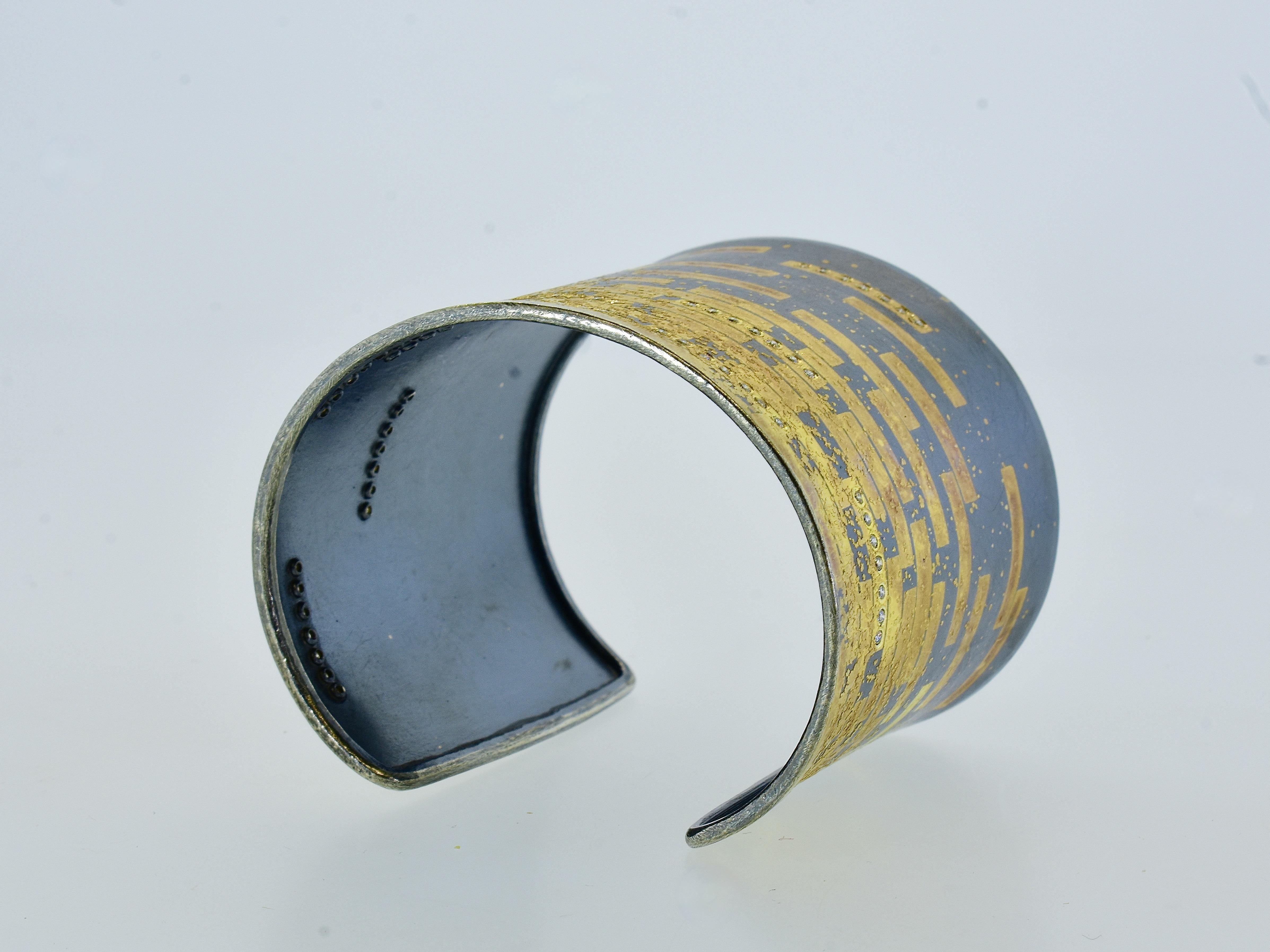 Michael Zobel Large Cuff Bracelet in Sterling with Gold and Diamonds, c. 2007 In Excellent Condition For Sale In Aspen, CO