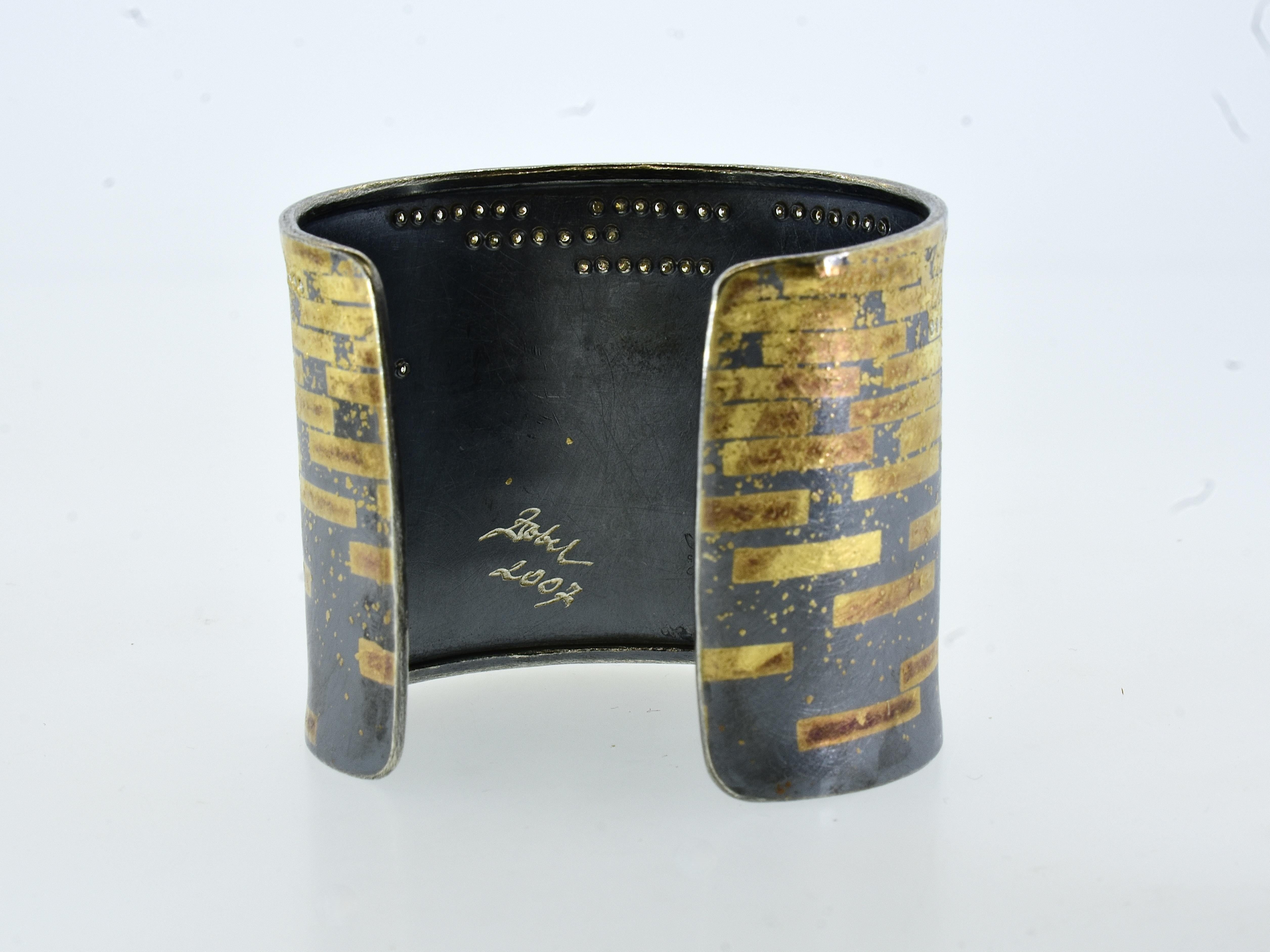 Women's or Men's Michael Zobel Large Cuff Bracelet in Sterling with Gold and Diamonds, c. 2007 For Sale