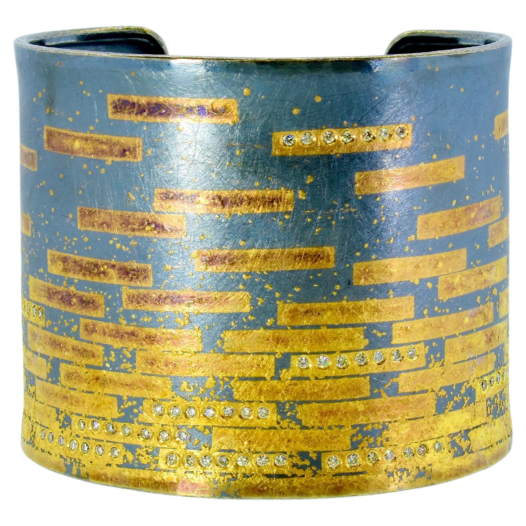 Michael Zobel Large Cuff Bracelet in Sterling with Gold and Diamonds, c. 2007