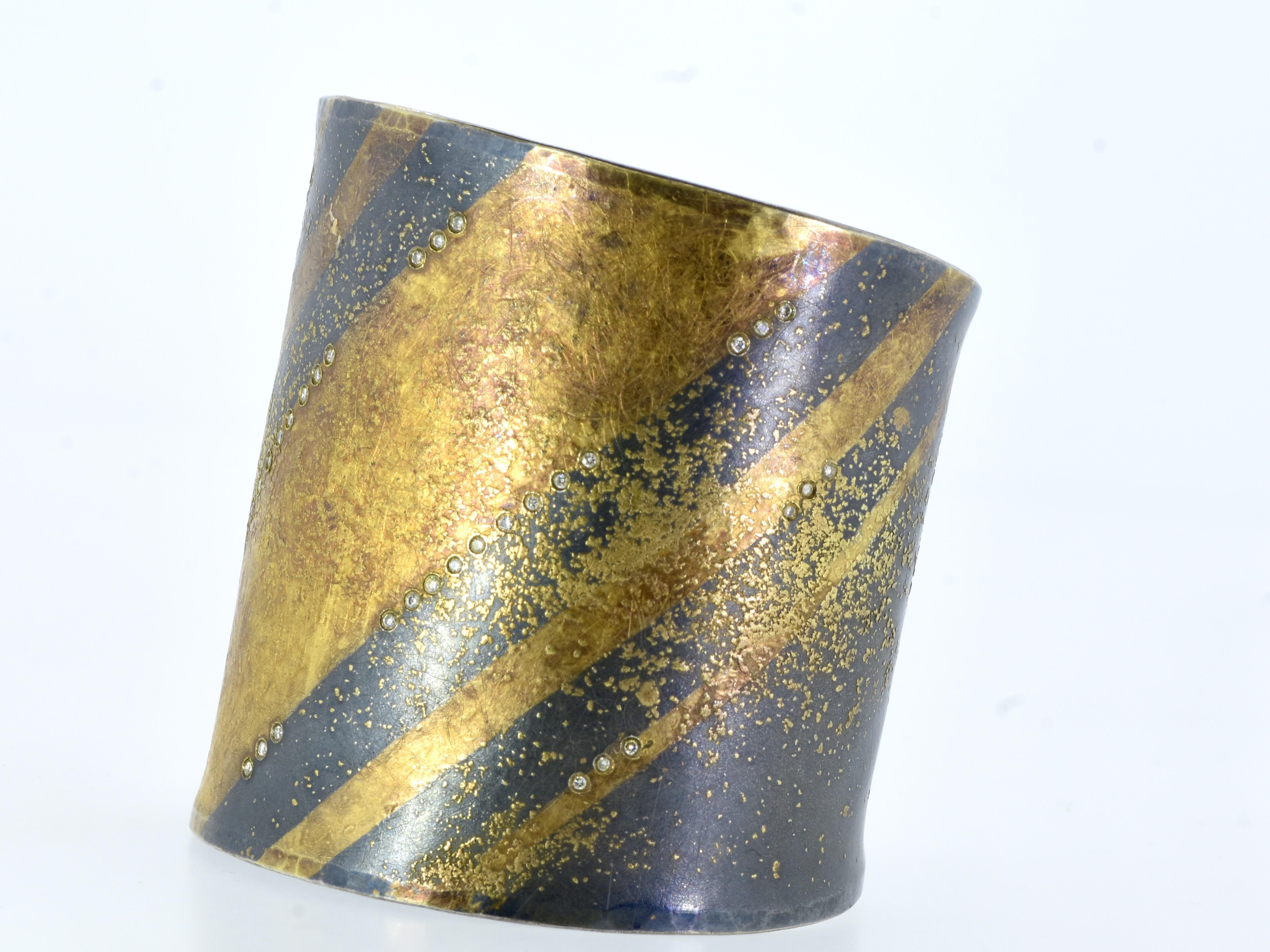 Women's or Men's Michael Zobel  Modernist Cuff Bracelet in mixed metals with Diamonds c. 2001 For Sale