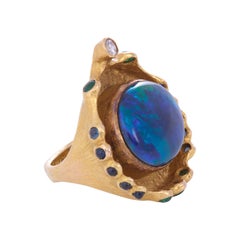 Michael Zobel Opal, Diamond, Emerald, and Sapphire, and 18K Gold Ring, 1975