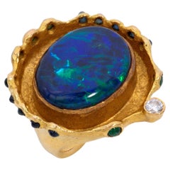Michael Zobel Opal, Diamond, Emerald, and Sapphire, and 18K Gold Ring, 1975