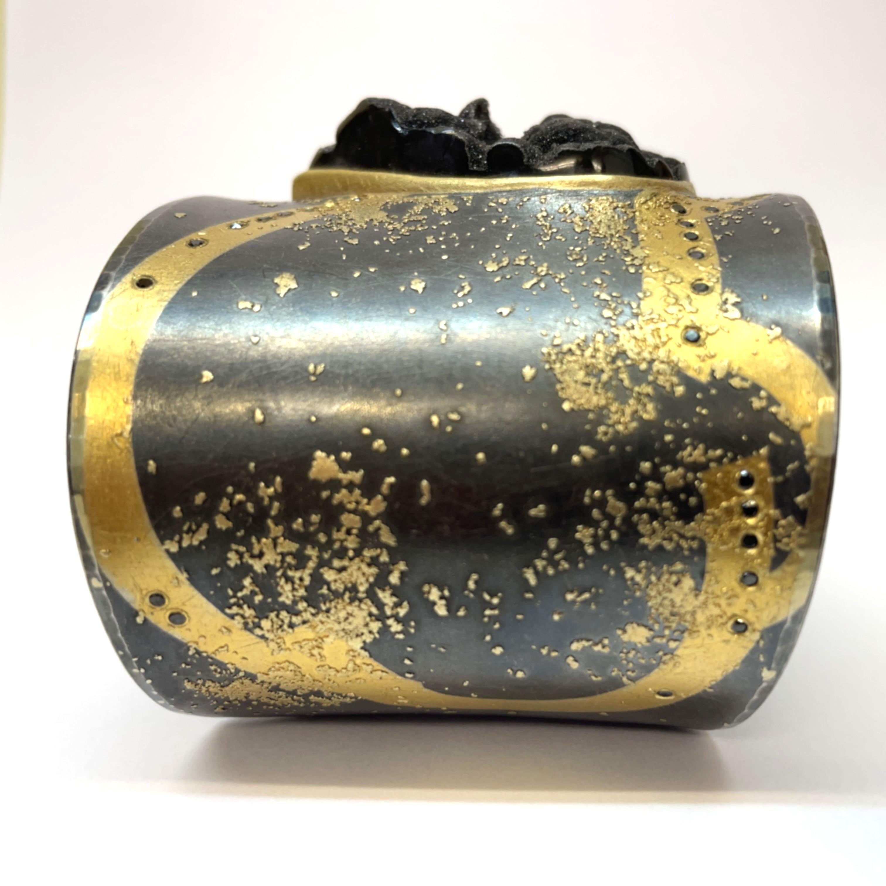 Modernist Michael Zobel Wide Cuff in Silver and Gold, Set with Black Diamonds For Sale