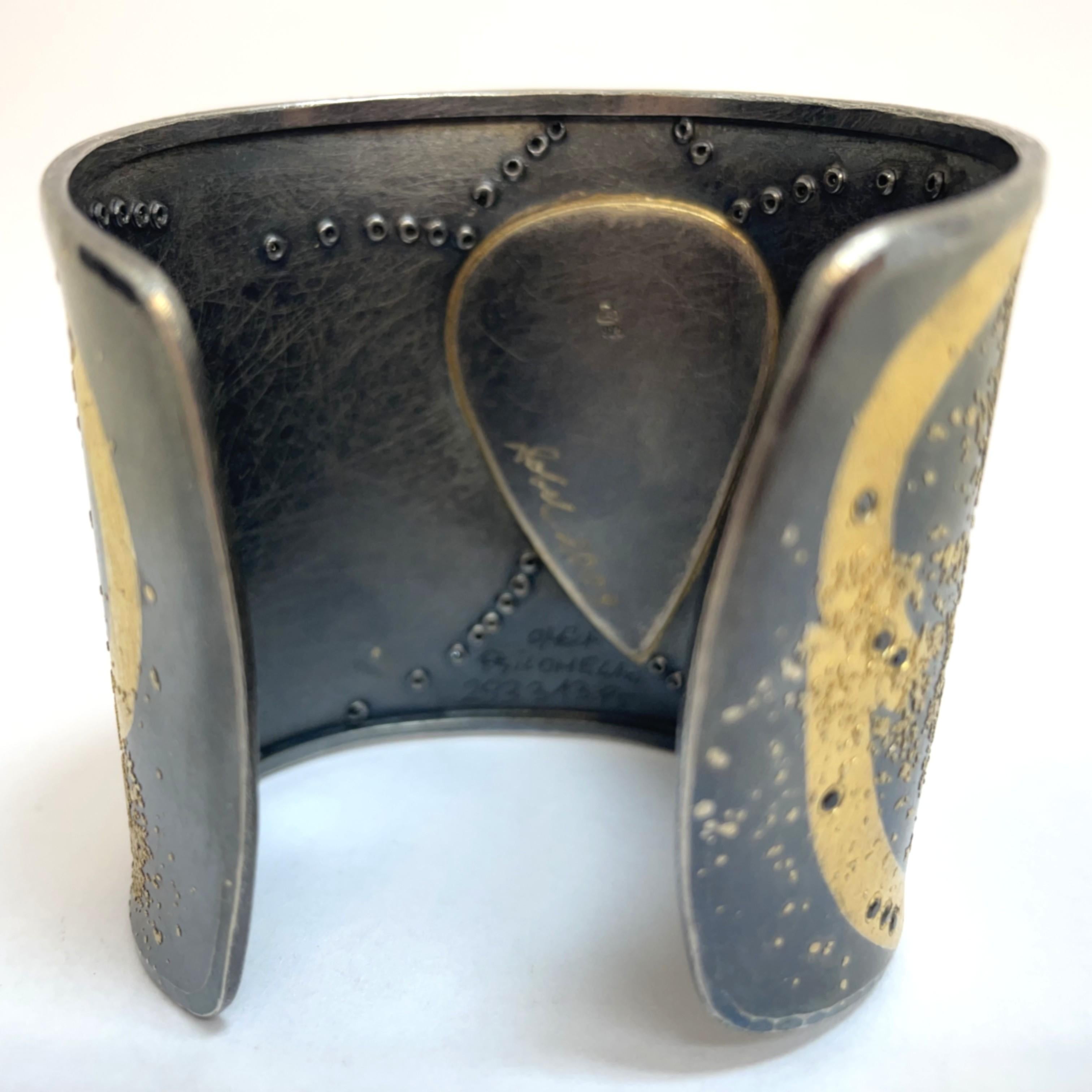 Michael Zobel Wide Cuff in Silver and Gold, Set with Black Diamonds In New Condition For Sale In Cranleigh, England