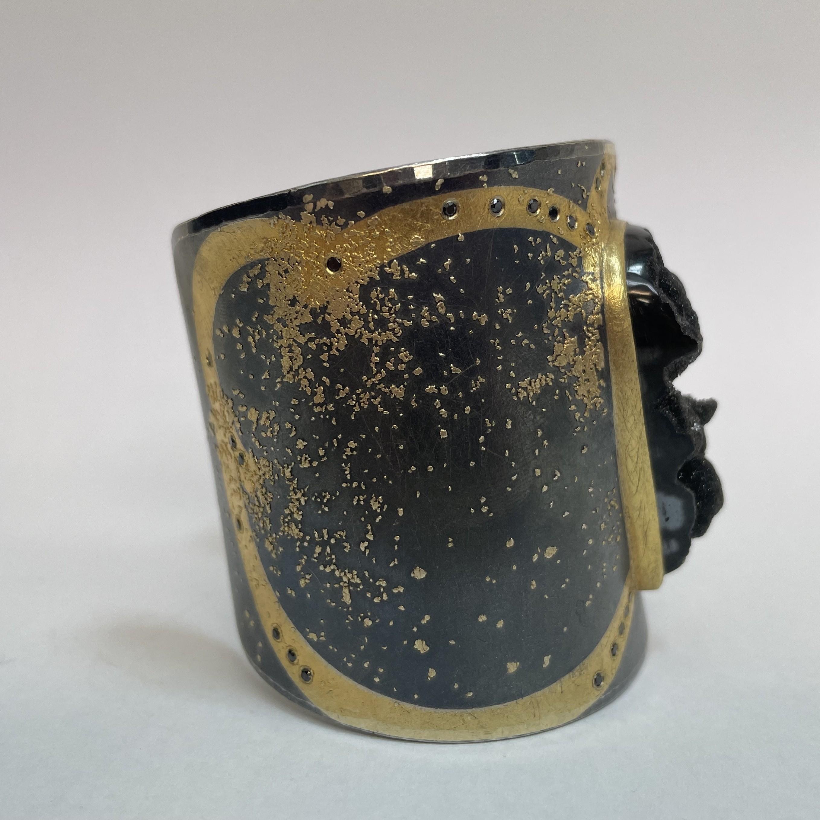 Michael Zobel Wide Cuff in Silver and Gold, Set with Black Diamonds For Sale 1