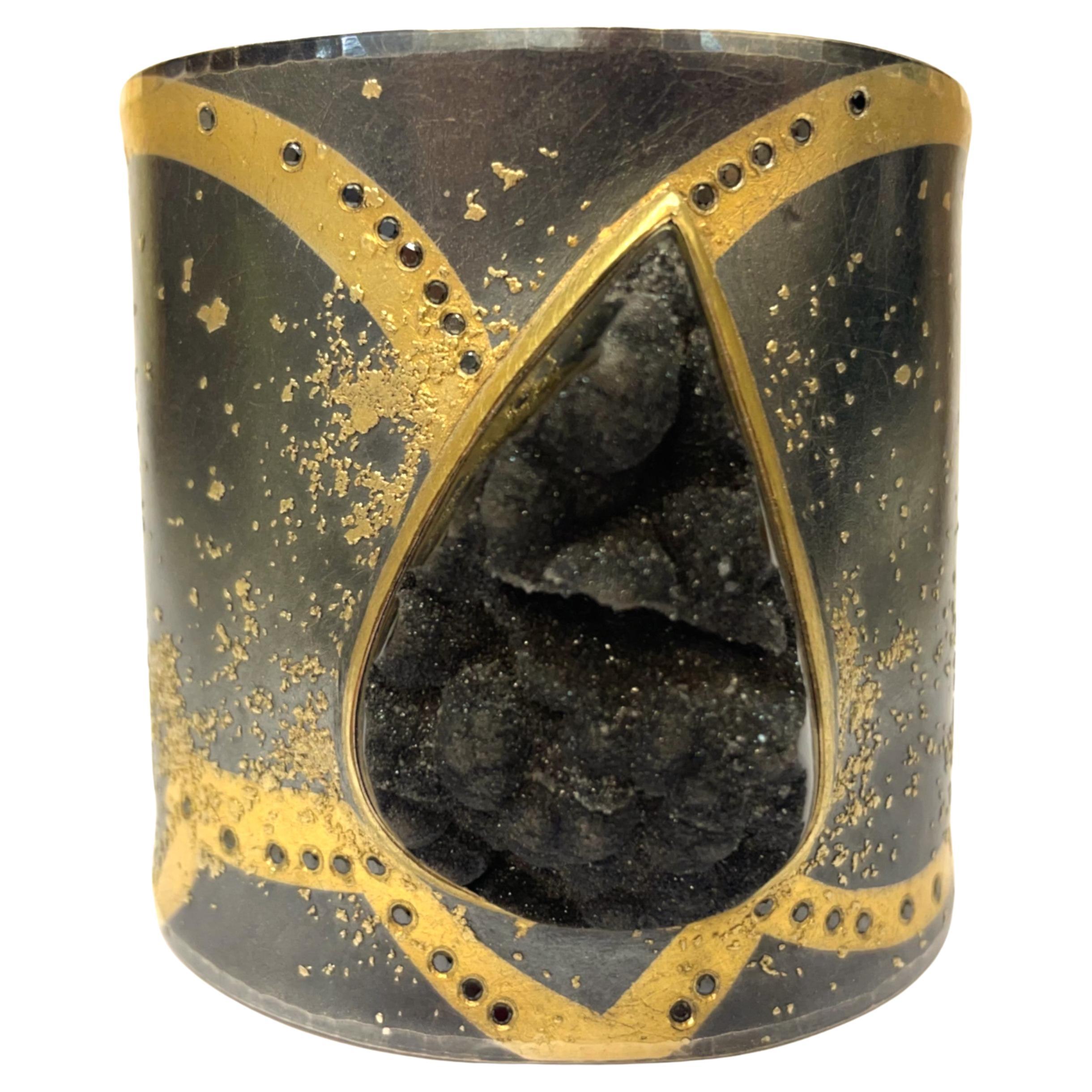 Michael Zobel Wide Cuff in Silver and Gold, Set with Black Diamonds For Sale