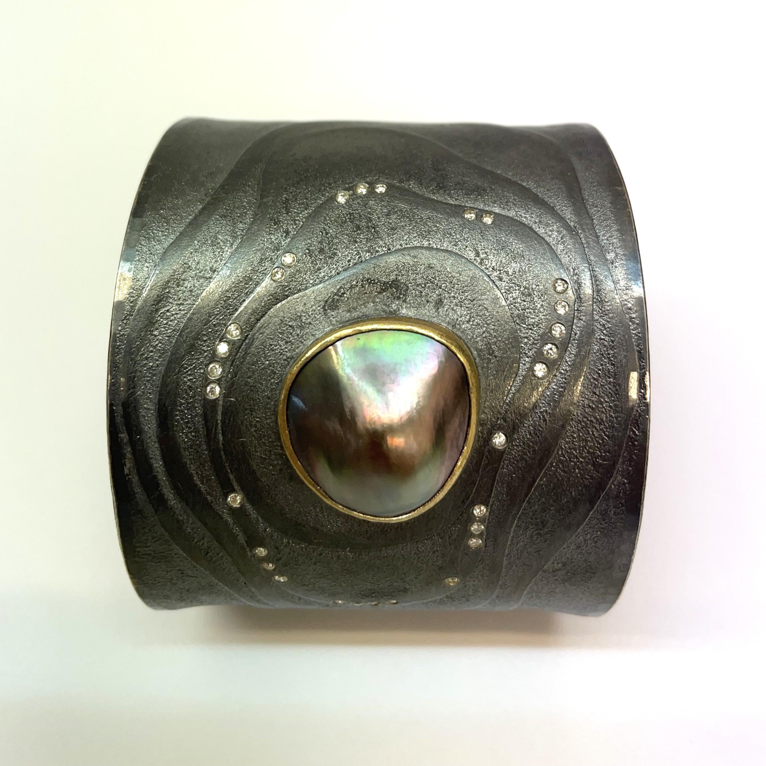 Women's Michael Zobel Wide Cuff in Silver with Champagne Diamonds and Mabe Pearl For Sale