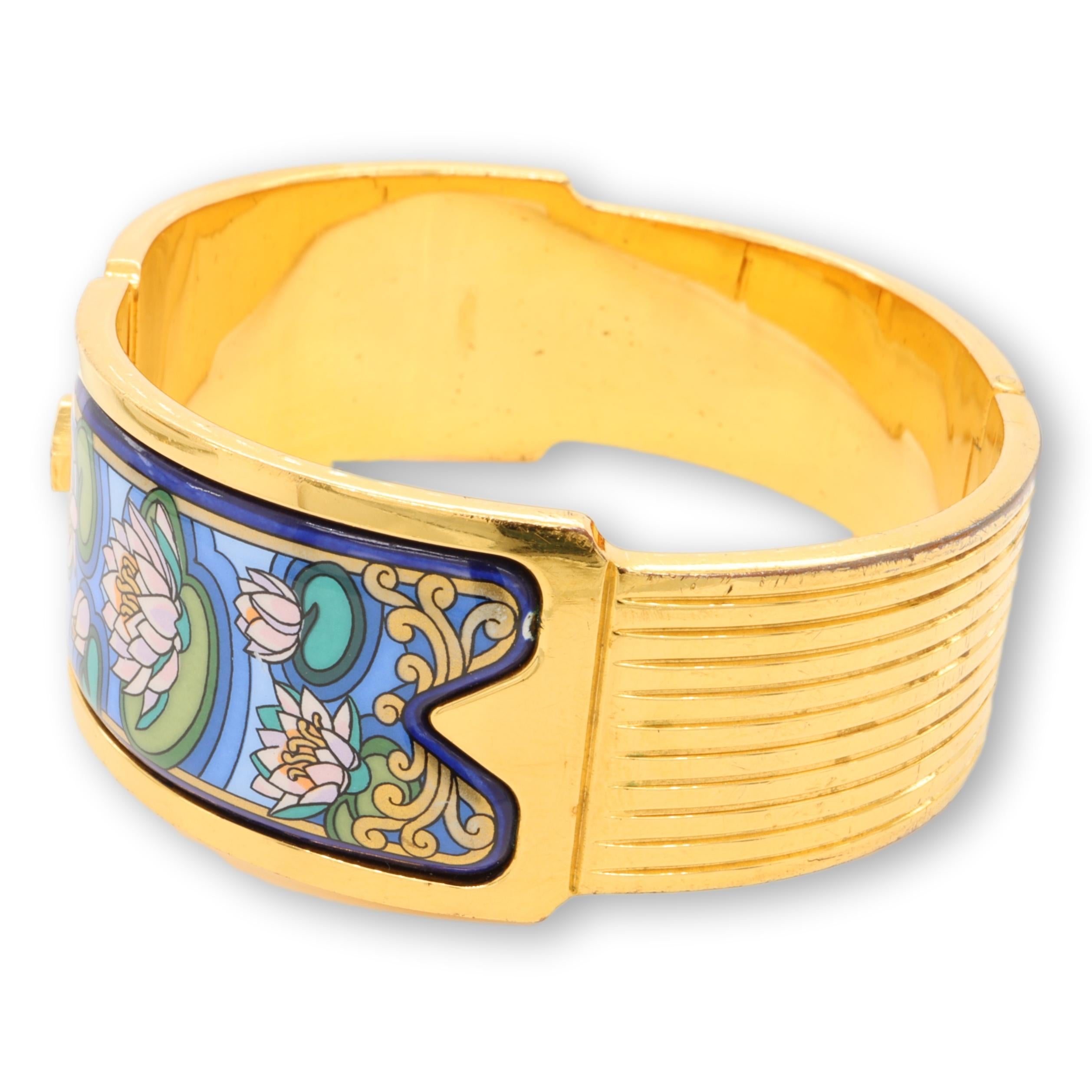 Art Nouveau Michaela Frey Wien Vintage 24K Gold-Plated Enamel Hinged Bangle Bracelet Large