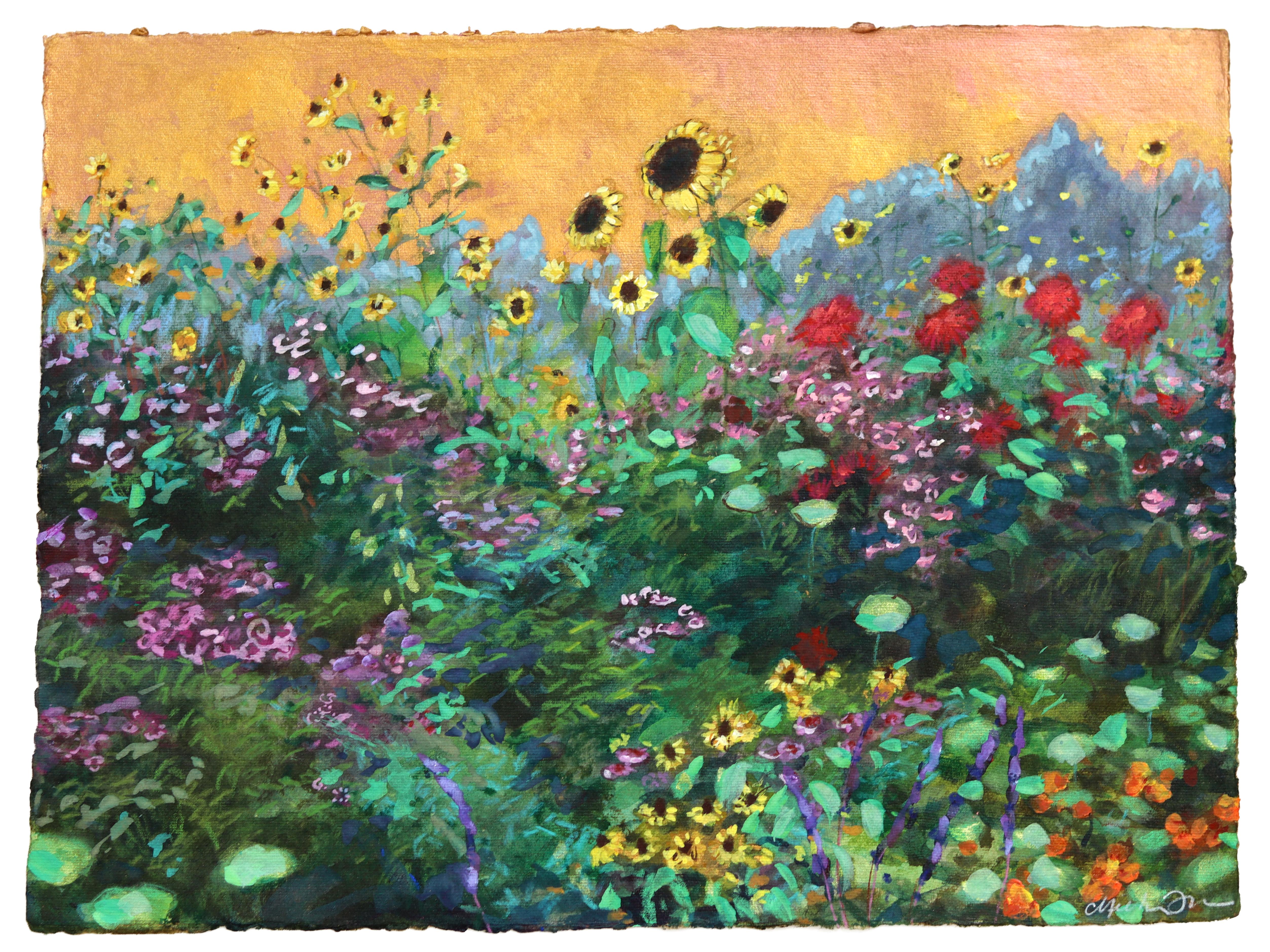 Golden Hour - Original Colorful Floral Landscape Mixed Media Artwork on Paper