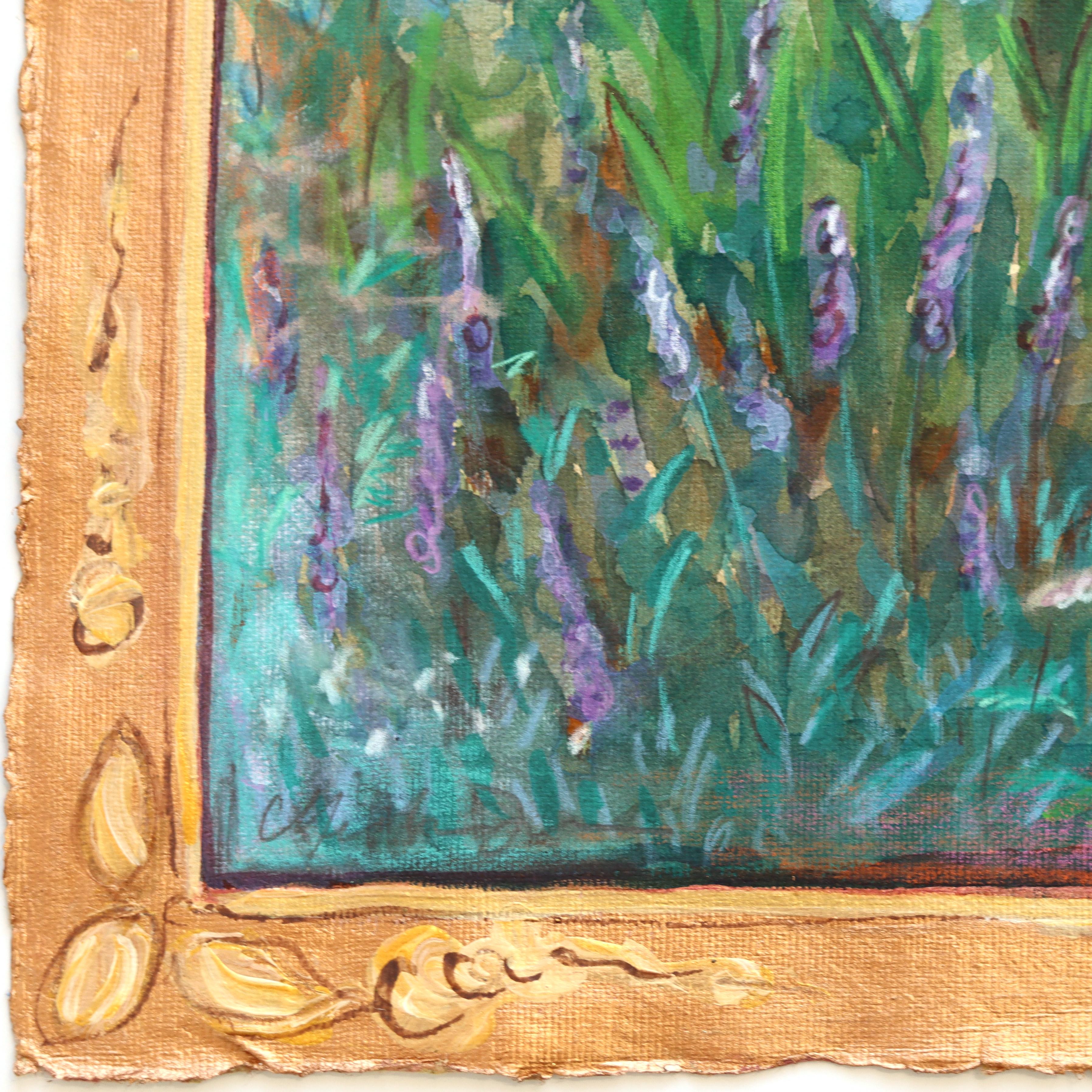 Meet Me Here - Original farbenfrohe Landschaft Stillleben Ölgemälde auf Papier (Gold), Still-Life Painting, von Michaela Jean