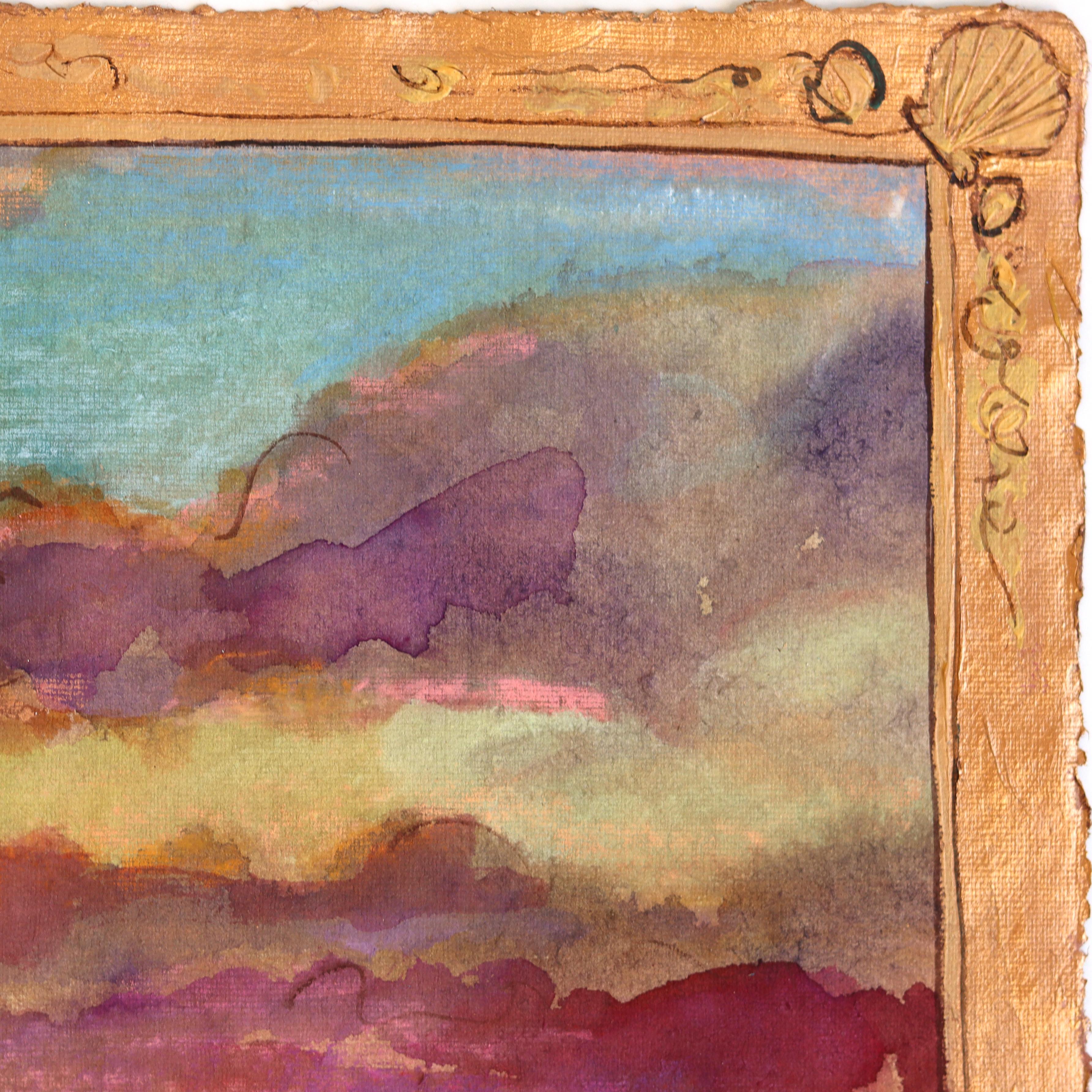 Meine Insel - Original farbenfrohe Sonnenuntergang Ozeanlandschaft Stillleben Ölgemälde auf Papier (Impressionismus), Painting, von Michaela Jean