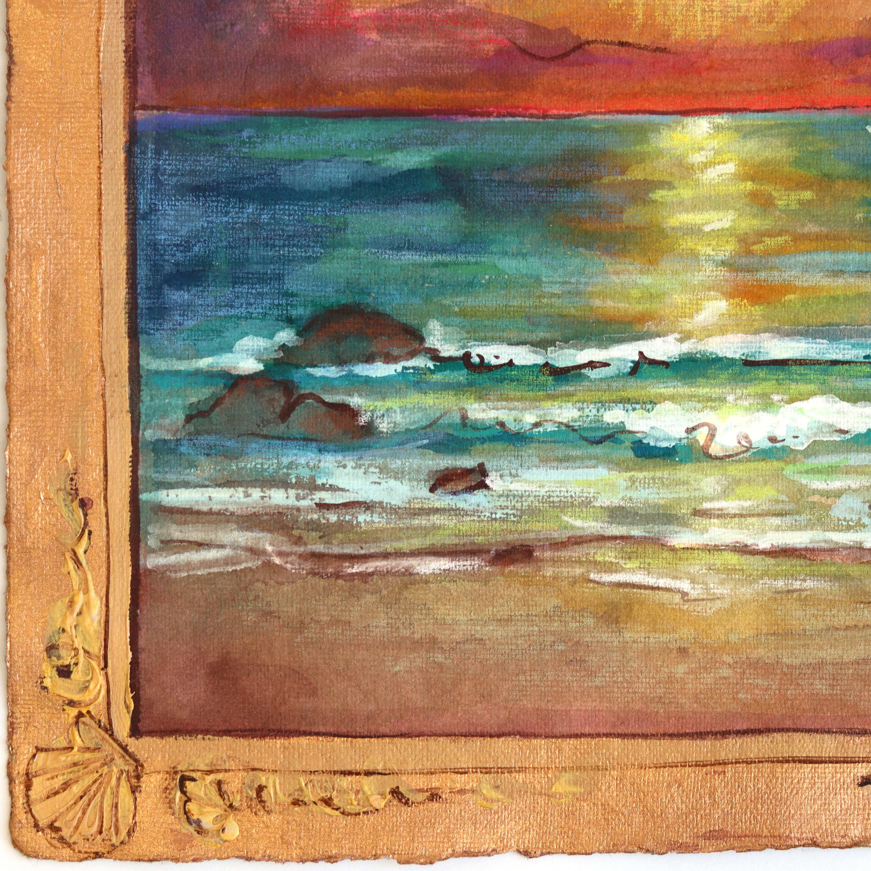 Meine Insel - Original farbenfrohe Sonnenuntergang Ozeanlandschaft Stillleben Ölgemälde auf Papier (Gold), Landscape Painting, von Michaela Jean