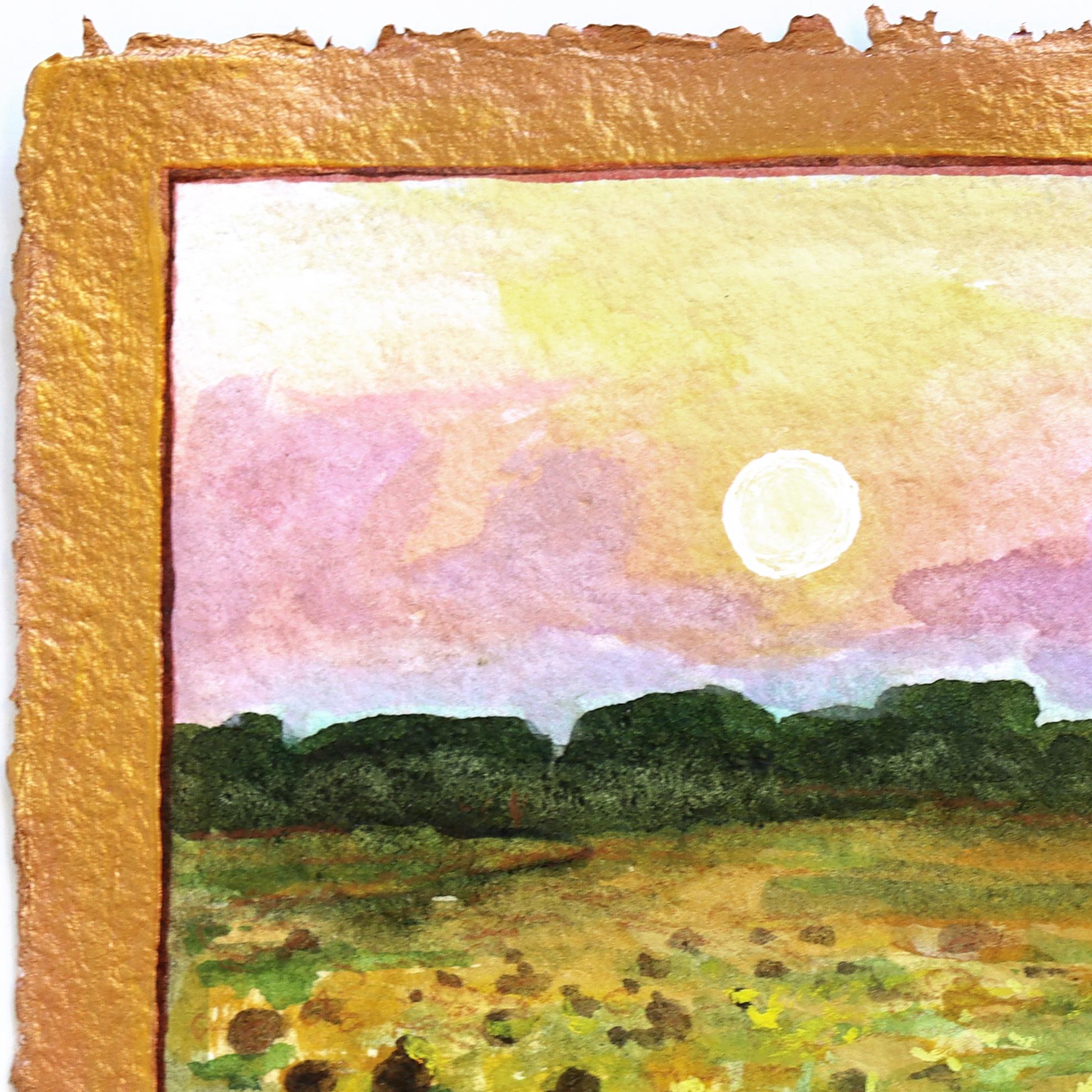 Sonne küsst die Blume - Original farbenfrohe weite Landschaft Ölgemälde auf Papier – Painting von Michaela Jean